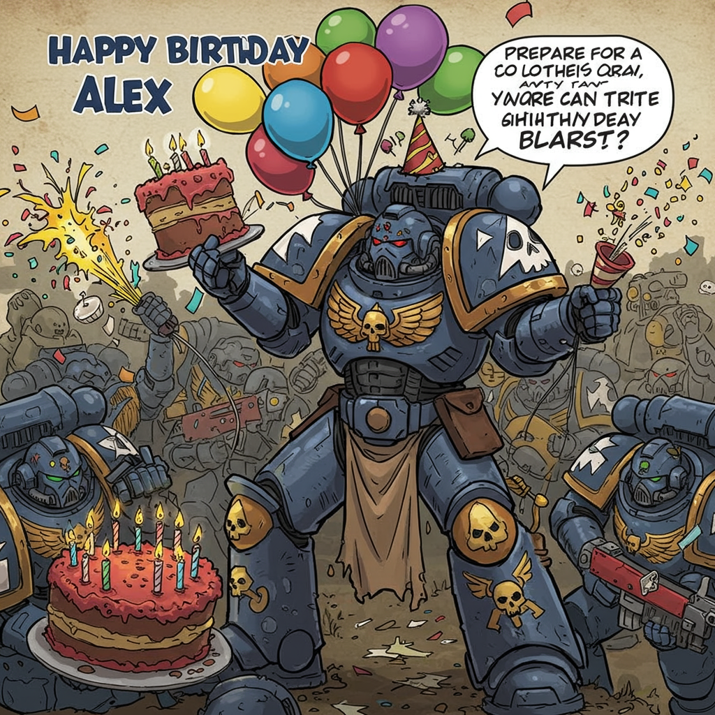At the top of the Cartoon Style image, write "Happy Birthday Alex" in bold, vibrant letters that look like they're made of colorful birthday balloons.

Image Description: Picture a Warhammer 40k Space Marine with an oversized, comically joyful expression. He's decked out in his signature power armor, but instead of grim weapons, he's armed with an array of brightly colored birthday balloons and party streamers. The balloons are tied to his armor, and they float merrily above his head, adding a splash of color to the scene. In one hand, he's holding a giant piece of cake instead of a bolter, and in the other, a party popper ready to explode with confetti. Around him, fellow Space Marines are depicted in similarly humorous poses, all joining the celebration. Above the entire cheerful chaos, a speech bubble emerges from the main Space Marine's helmet saying, "Prepare for a Birthday Blast!"
Generated with these themes: Warhammer 40k space marine, Birthday balloons and streamers, and .
Made with ❤️ by AI.