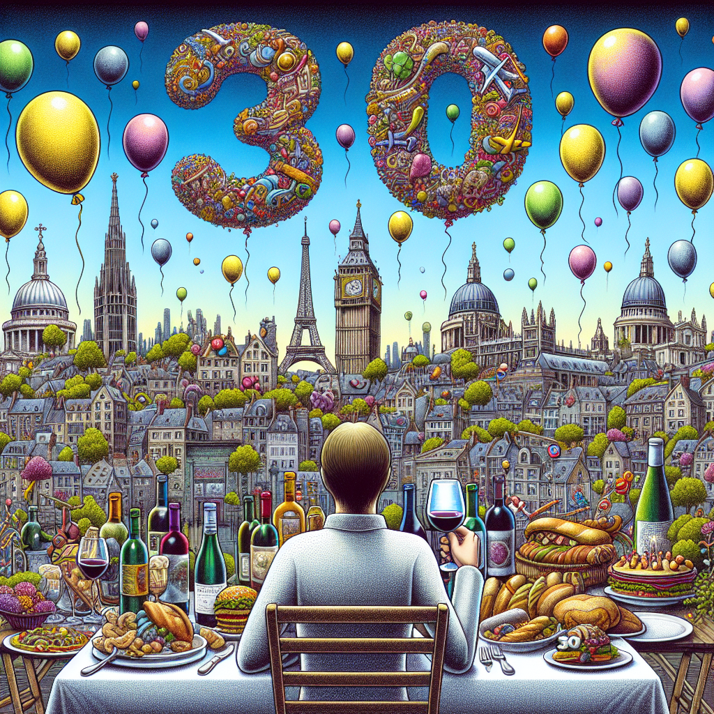 Generate an image illustrating a whimsical 30th birthday celebration. The background features the interconnected skylines of London, Paris, and New York, often associated with iconic landmarks like the Eiffel tower, Big Ben, and the Statue of Liberty. Floating vibrant balloons adorn the sky, each visibly numbered '30'. In the foreground, a character, indistinguishable in descent and gender to promote inclusivity, is seated at a table overflowing with various culinary delights, hailing from each city to underline an enthusiasm for gastronomy. A wine glass is held, and bottles of exquisite vintage wine are neatly scattered nearby, emphasizing a love for wine tasting.
Generated with these themes: 30th birthday, London, Paris, New York, Foodie, and Wine enthusiast.
Made with ❤️ by AI.