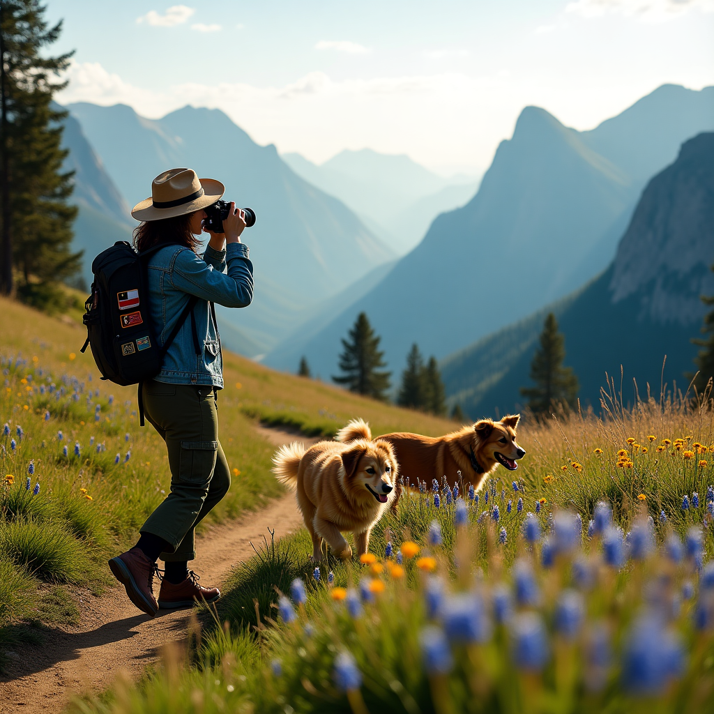 In this richly detailed photograph, the foreground captures a sun-drenched meadow at the foot of majestic, rugged mountains, which stretch up into a sky that is painted with soft pastel hues of dawn. The meadow is alive with the playful antics of two dogs—a golden retriever and a border collie—bounding through clusters of wildflowers in a riot of color: vivid blues, vibrant yellows, and deep purples. Each dog's coat glistens with morning dew, their joy palpable as they frolic through the grasses that sway gently in a soft breeze. To the left of this lively scene, a well-trodden hiking trail winds its way through the meadow, leading the eye towards a solitary figure. This lady photographer, clad in practical yet stylish hiking gear—think olive green cargo pants and a weathered denim jacket—is poised on a small rise. A wide-brimmed hat shields her from the early sun, and her attention is wholly absorbed by the panoramic vista before her. She holds a vintage film camera up to her eye, capturing the stunning interplay of light and shadow across the mountain's rugged peaks and gentle slopes. Her backpack, resting at her feet, has patches from various adventures sewn onto it, telling tales of travels past. Behind her, the towering pines frame the scene, their tall, dark silhouettes adding depth and scale to the composition. This image invites the viewer into a narrative of exploration, companionship, and the timeless beauty of nature captured through a lens.
Generated with these themes:  hiking in the mountains, A lady photographer is looking out at the mountain, and The dogs are playing in the meadow.
Made with ❤️ by AI.