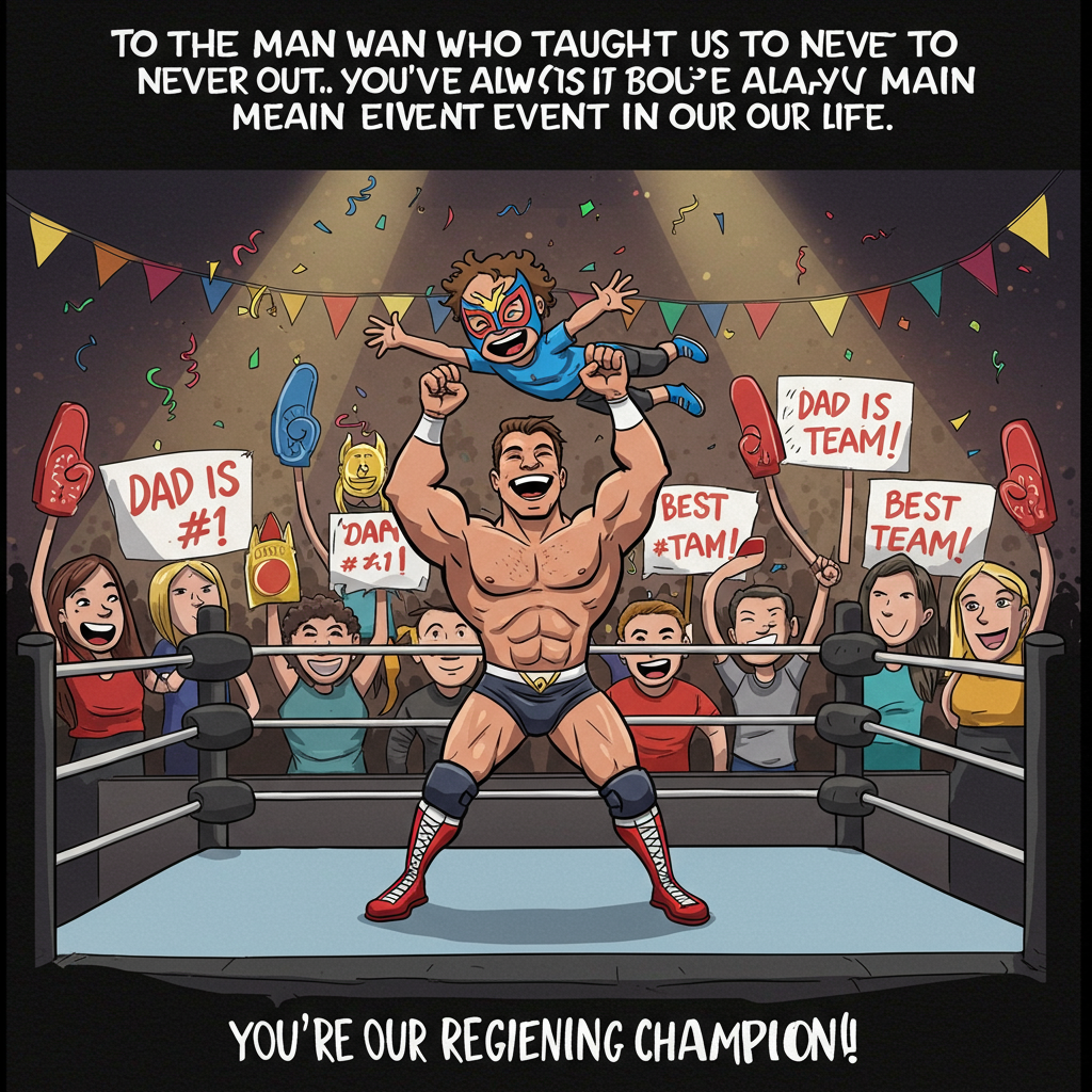At the top of the Cartoon Style image, add the text: "To the man who taught us to never tap out… You’ve always been the main event in our life."

**Image Description:**

Create a playful and vibrant cartoon scene depicting a father and child duo in a wrestling ring. The father, with a superhero-like physique and a big smile, is playfully lifting the child above his head in a classic wrestling pose. The child, wearing a miniature wrestling costume and mask, is giggling with arms outstretched like they’re flying. Around them, the wrestling ring is decorated with colorful streamers and balloons, emphasizing the celebration. In the background, exaggerated cartoon audience members are cheering wildly, with big foam fingers and signs saying "Dad is #1!" and "Best Tag Team!". The colors are bold and bright, and the outlines are thick, giving it an energetic and fun vibe. At the bottom, in playful letters, add: "You're our reigning champion!"
Generated with these themes: Wwe wrestling , and .
Made with ❤️ by AI.