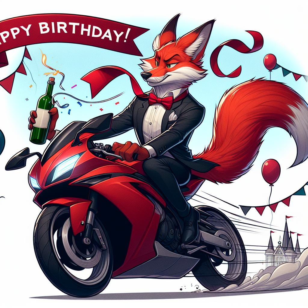 An humorous illustration with birthday decorations, showcasing a classy, anthropomorphic red fox, wearing formal attire, riding on top of a sleek sports motorcycle. The character, with one hand, is effortlessly balancing a bottle of top-quality wine, while the wind swiftly tousles its red fur. This energetic scene depicts the character speeding across a background festooned with celebratory banners and ready to take part in birthday festivities.
Generated with these themes: Basil brush, Sports bike, and Wine .
Made with ❤️ by AI.