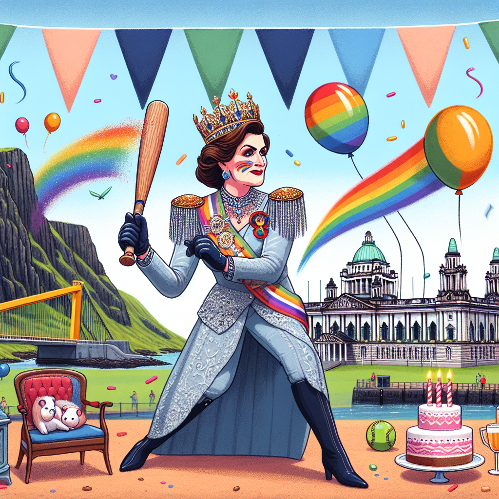A whimsical birthday-themed illustration that captures the heart of Northern Ireland with iconic landmarks such as the Giant's Causeway and Belfast City Hall sprinkled across the background. In the center stands a charismatic female public figure decked in elegant regalia, complete with a crown, confidently swinging a softball bat that leaves a trail of rainbow colors, symbolizing the LGBT community. The scene is filled with festive elements like colorful balloons, and a grand birthday cake, contributing to the joyous party atmosphere.
Generated with these themes: Northern ireland, Softball, Queen , and Gay.
Made with ❤️ by AI.