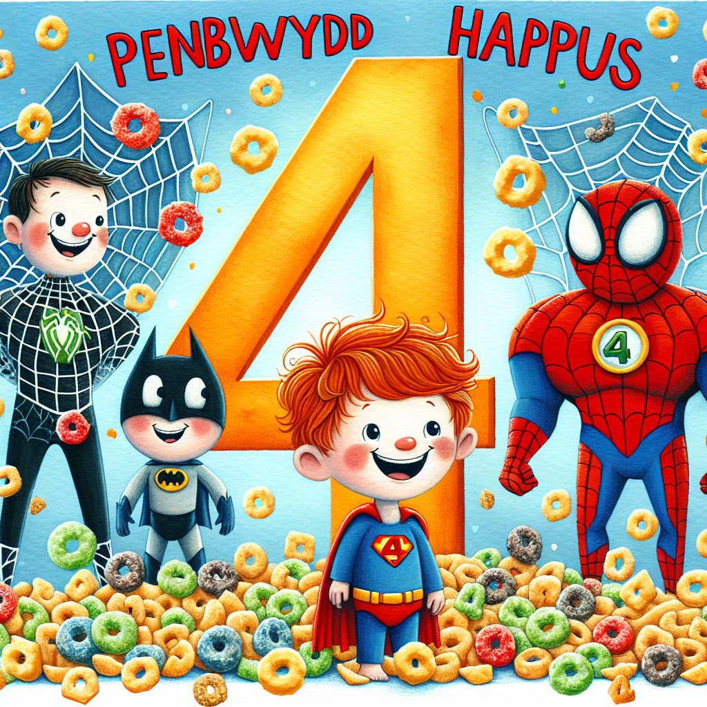 A delightful illustration reflecting the jubilant spirit of a fourth birthday party. The scene unfolds with a young Caucasian boy with ginger hair, smiling broadly, surrounded by his imaginary, generic superhero friends including a friendly hero dressed in a cobweb-like outfit being the prominent one beside him. Various cereal shapes are sprinkled throughout the composition, introducing an aspect of fun and unpredictability. Above this joyful gathering, 'Penblwydd Hapus' is written in a merry, child-like font, while the numeral '4' takes center stage, highlighting the theme of wonder and happiness on this special occasion.
Generated with these themes: Penblwydd Hapus , Age 4, Marvel avengers , Spiderman, Cereal, and Boy ginger hair.
Made with ❤️ by AI.