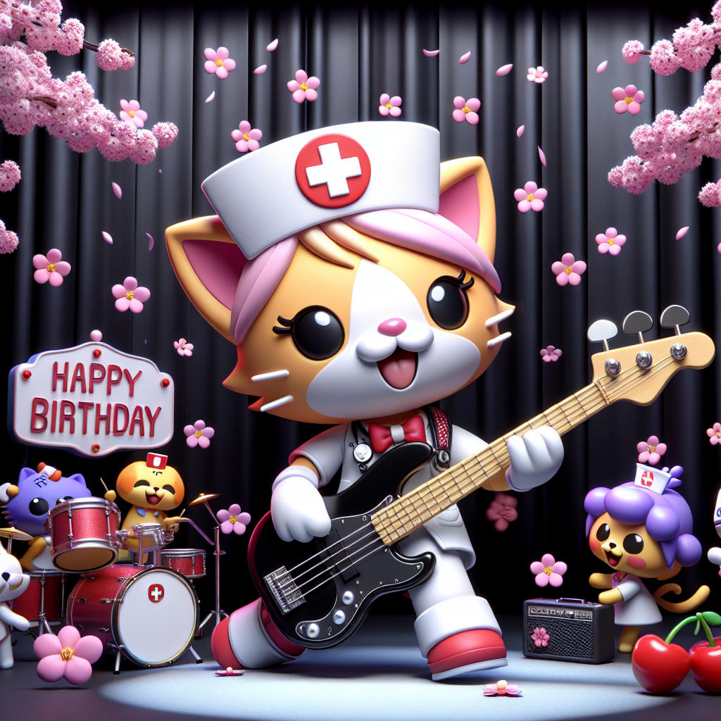 Against a cool black backdrop, a playful feline nurse character, distinct not by her iconic bow but by a tiny nurse's cap and stethoscope, strums a sleek bass guitar amidst a shower of cherry blossoms. As humor unfolds, she finds herself in the delightful company of cartoon friends jamming along. Strategic pops of cherry red artfully punctuate the scene via instruments, decorations, and a birthday banner.
Generated with these themes: Bass guitar, Hello kitty, Black, Cherry, and Nurse.
Made with ❤️ by AI.