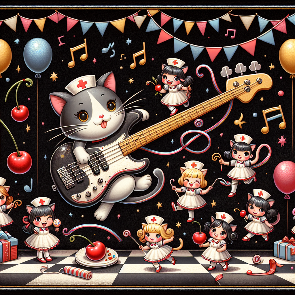 A whimsical cartoon birthday party scene exudes cheerfulness, the central focus being a fantastical bass guitar with strings that twist like ribbons. Quirky, cat-like figures dress in nurse outfits, scattered on a sleek, black background, playfully clutching bright red cherries. Decorations such as balloons and streamers heighten the festive atmosphere, all framed by a border made of playful musical notes.
Generated with these themes: Bass guitar, Hello kitty, Black, Cherry, and Nurse.
Made with ❤️ by AI.