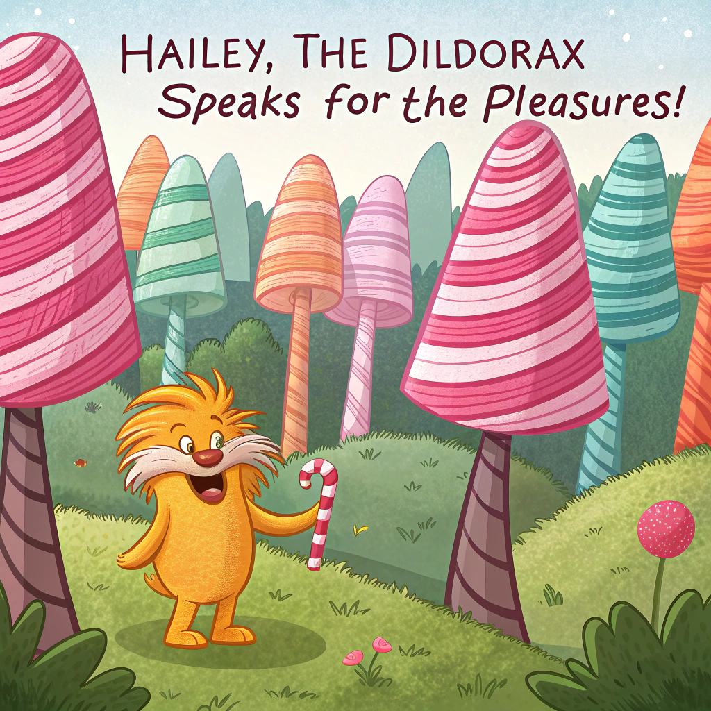 At the top of the image, "Hailey, the Dildorax speaks for the pleas-ures!"  

- Create a whimsical, cartoon-style forest scene filled with brightly-colored, candy-striped trees shaped unmistakably like various humorous and exaggerated dildo designs, with textures that resemble truffula trees.

- Front and center, a quirky Lorax-inspired character—bushy yellow mustache, tiny round body, orange fur—is standing atop a sparkly hill, dramatically raising one silicone delight like a sacred staff.

- Behind him, cheeky forest critters (like giggling beavers, snickering owls with party hats) are frolicking amid a joyful landscape where everything feels playful and suggestively innocent.

- In the sky, balloon letters spell “Happy Birthday” and are suspiciously shaped like various adult toys with sparkles and confetti drifting all around.

- Add birthday cake slices, party horns, and streamers sneakily integrated into the background foliage—like mushrooms with lube labels, or candles suspiciously shaped.

- The whole tone is playful, campy, vibrant, and humorously risqué, aimed at adults who love their laughs extra naughty.
Generated with these themes: The lorax with dildos.
Made with ❤️ by AI.