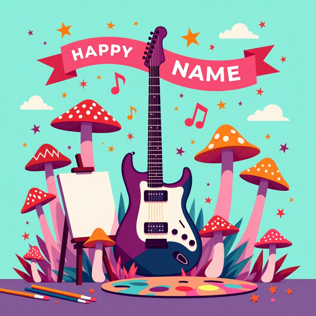 The front cover of the greeting card features a lively and vibrant birthday scene with elements inspired by 80's rock music, mushrooms, and drawing. The scene is laid out in a clean vector style with flat shapes and crisp lines, reflecting a playful and dynamic energy.

At the center of the card, there's a large electric guitar with angular edges and bold colors reminiscent of the 80s, such as neon pink and electric blue. The guitar's neck extends upwards, with musical notes and colorful stars orbiting around it in a rhythmic flow. These notes are sharp, geometric shapes, a nod to the lively beat of rock music.

Surrounding the guitar, various types of mushrooms pop up, each illustrated with smooth, rounded caps and vibrant colors like deep red, bright orange, and vivid purple. The mushrooms have flat, simplified forms, their caps adorned with intricate geometric patterns in contrasting colors, such as zigzags and dots, adding a layer of visual interest.

In the bottom left corner, an easel stands with a blank canvas. A palette and paintbrushes are placed beside it, painted in bold primary colors. The brushes are dipped in bright paints that drip and splash, creating a sense of ongoing creativity.

In the sky above, a banner unfurls with the text “NAME” written in a bold, retro 80s-style font, using the same neon palette as the guitar. The banner is held by two stylized hands reaching from opposite corners, crafted in a vector style that emphasizes clean lines and minimalistic details.

The background is a flat color gradient transitioning from light turquoise at the top to a gentle lavender at the bottom, setting a dreamy yet energetic stage for the elements. Scattered in the background are small, abstract geometric shapes in complementary colors, giving a hint of dynamic movement akin to an 80s concert poster.

This composition captures a harmonious blend of rock music vibes, whimsical mushroom details, and the artistic process, all tied together in a colorful and engaging greeting card design.
Generated with these themes: 80's rock music, Mushrooms, and Drawing.
Made with ❤️ by AI.