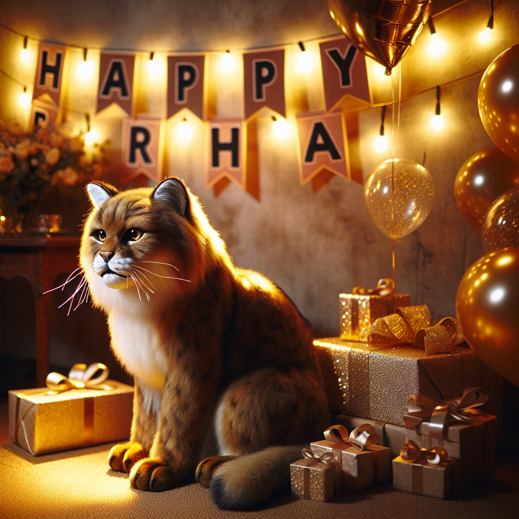 A warm and intimate room is immersed in the soft glow of golden fairy lights, setting an enchanting ambiance for a birthday bash. A remarkably lifelike feline, boasting glossy fur and sharp eyes, sits majestically next to a pile of beautifully wrapped presents. A well-crafted banner hangs above, with the words 'Happy Birthday', with a playful scribble added in elegant handwriting, provoking laughter among the attendees. This scene pays incredible attention to minute details, ranging from the twinkling balloons to the authentic texture of the feline's fur, successfully portraying the inviting festive theme.
Generated with these themes: Wanker, and Cat.
Made with ❤️ by AI.