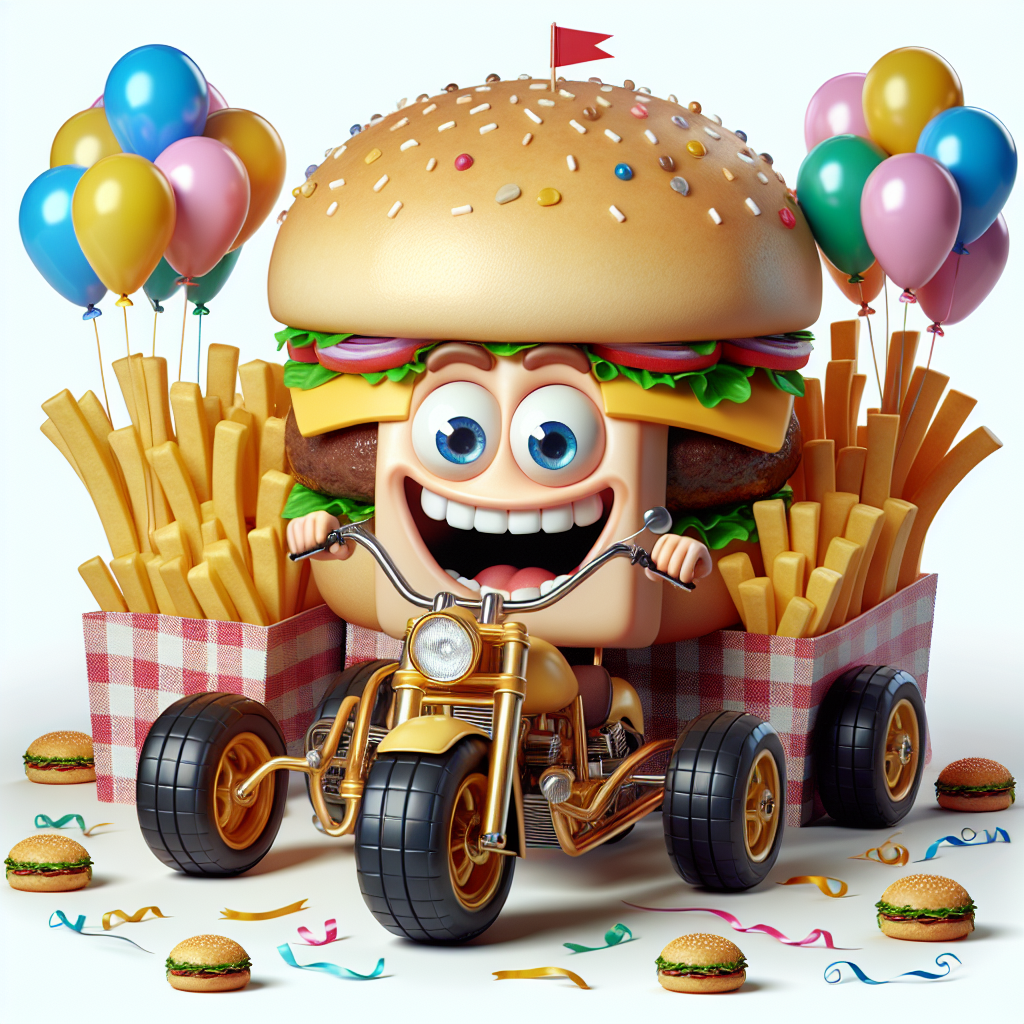 In this amusing birthday scene, a cartoon character with an oversized head grins widely while sitting on a whimsical motorbike, creatively constructed from food items—think wheels made of burgers and a frame made of golden sticks representing fries. Balloons and streamers are festively scattered in the air, evoking the playful aura commonly associated with lively animated birthday celebrations.
Generated with these themes: Big head food motorbike McDonald’s .
Made with ❤️ by AI.