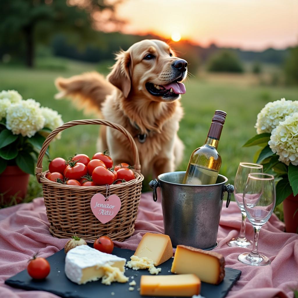 The second variation features a golden retriever with a heart-shaped tag wagging its tail amid a festive setting. Center stage is taken by a well-worn picnic blanket on green grass, where a basket overflows with round, vine-ripened tomatoes. Directly beside the basket, an ornate metal bucket cradles a chilled bottle of white wine, condensation beading the surface, with two stemless glasses ready for pouring. Flanking this setup are potted hydrangeas, the pompous flower heads ranging from a pale green to a vibrant pink, placed at each corner of the blanket. In the foreground, a slate cheese board displays an array of gourmet cheeses, each labeled with heart-shaped tags, from a creamy gorgonzola to a sharp aged cheddar. As the sun dips below the horizon, the remnants of daylight give a soft glow to the scene, shadows lengthening and blending into the incoming twilight.
Generated with these themes: Golden retriever , Tomatoes, Hydrangeas , Wine, Sundowners, Cheese, and Heart shapes.
Made with ❤️ by AI.