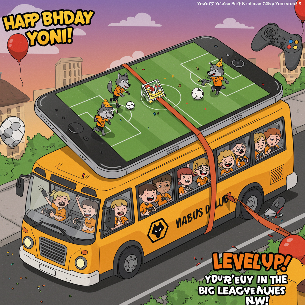 At the top of the Vector Style image, the text reads: "Happy Birthday Yonni!"

**Image Description:**

In a vibrant, playful vector style, an oversized, cartoonish iPhone is comically strapped to the roof of a bright, colorful gaming bus. The bus is decked out in Wolves Football Club colors, proudly flaunting the team's logo on the side. The windows of the bus are filled with excited children, all appearing to be around age 10, enthusiastically holding game controllers as if the bus is their ultimate mobile gaming arena.

The iPhone on top of the bus humorously displays a soccer match, with animated wolves and children avatars playing against each other. One of the wolves is wearing a birthday hat, symbolizing a festive spirit. The whole scene has a cheerful and energetic vibe, with the bus seemingly cruising through a whimsical, vector-art cityscape. The sky is dotted with balloons shaped like game controllers and soccer balls.

Text below the scene in a cheeky, bold font reads: "Level Up! You're in the big leagues now!"
Generated with these themes: Iphone, Gaming bus, Age 10, Wolves football club, and .
Made with ❤️ by AI.
