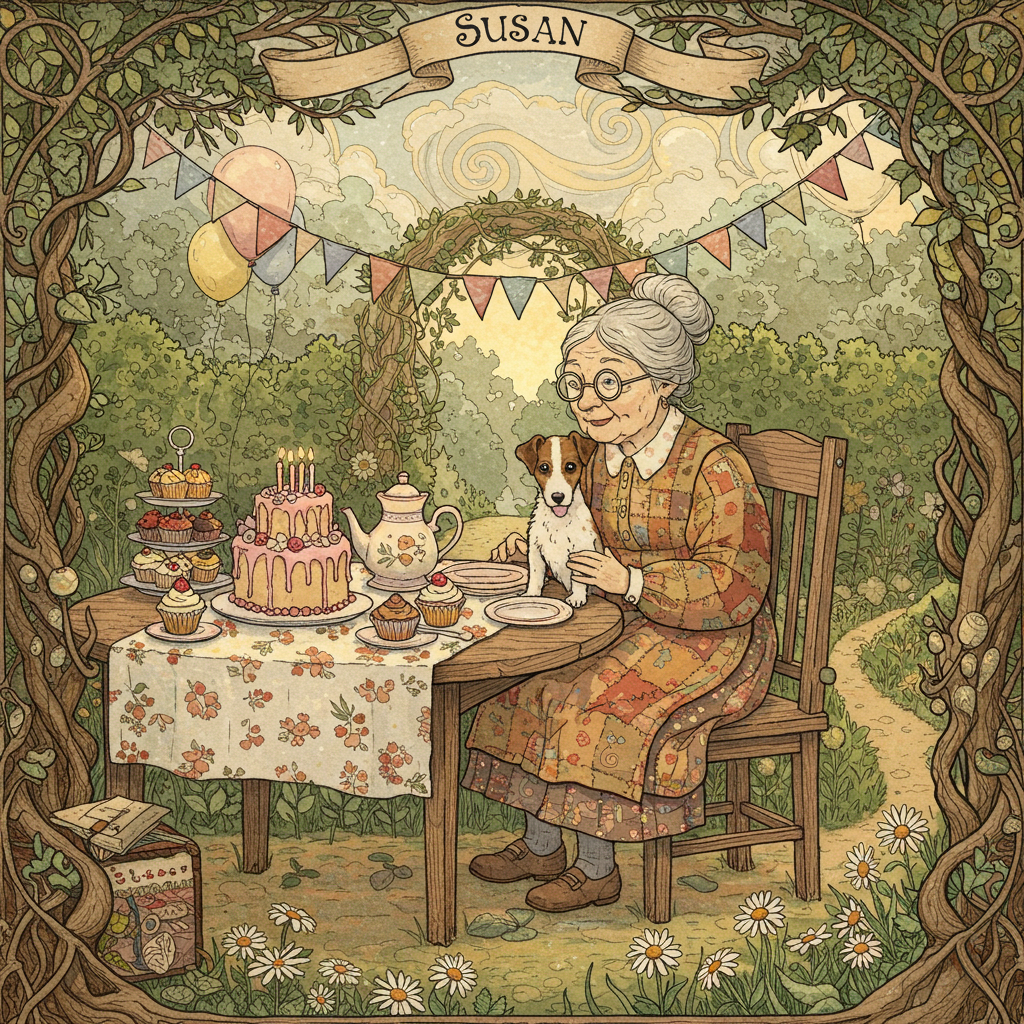 In the center of the card, an old lady with a playful spirit is seated at a charmingly cluttered wooden table, decorated with a floral tablecloth. She's got a sprightly Jack Russell dog perched on her lap, its ears perked and tail wagging excitedly. The old lady is wearing a patchwork dress with whimsical patterns reminiscent of Beatrix Potter’s character attire, paired with round spectacles perched at the tip of her nose. 

The background is a detailed garden scene in the style of Arthur Rackham, with twisted trees and overgrown hedges surrounding the scene, giving it an intimate feel. Behind the table, a banner is strung between two tree branches, gently waving in the breeze, with "Susan" elegantly inscribed in a bold, vintage script reminiscent of Edward Gorey. 

The table is laden with a variety of brightly colored birthday treats: a large, tiered cake decorated with frosting swirls and a cascade of tiny flowers inspired by the illustrative style of Maxfield Parrish, alongside cupcakes and an ornate teapot.

To the side, a sun-dappled path leads through the garden, hinting at further adventures beyond. The path is lined with delicate daisies and the ground is dotted with patches of sunlight filtering through the foliage above, rendered with meticulous detail and a palette rich in earthy tones and soft pastels, a nod to the works of N.C. Wyeth. 

The sky above is a swirling mass of clouds in a style reminiscent of Gustave Doré, adding a touch of grandeur and whimsy to the quaint garden scene. Scattered throughout the sky are subtle pastel-colored balloons drifting upwards, adding a final celebratory touch to this lively and intricate illustration.
Generated with these themes: Old lady Jack Russell dog.
Made with ❤️ by AI.