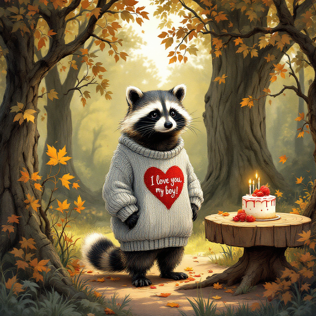 In a lush woodland glade, under a canopy of towering ancient oaks, stands an endearing raccoon, slightly to the left of center. This raccoon, sketched with delicate yet precise crosshatching inspired by Aubrey Beardsley, wears a cozy, oversized woolen sweater of soft heather gray, with a big, hand-knit red heart emblazoned on the chest. The heart, clearly stitched with love, carries the endearing handwritten message, "I love you, my boy!" in flowing cursive akin to a quill’s stroke. Around the raccoon, autumn leaves painted with the warm palette of Maxfield Parrish gently cascade in slow spirals, casting intricate shadows on the forest floor akin to those in Gustave Doré’s illustrations.

To the right, a rustic wooden table crafted from the hollow trunk of an ancient tree sits, adorned with a small birthday cake, whimsically illustrated in a manner reminiscent of Beatrix Potter’s festive scenes. The cake is topped with a single, artfully curved candle, already lit and flickering, its soft glow mingling with the dappled sunlight filtering through the branches above. Scattered across the tabletop, a collection of quaint, hand-painted wooden forest animal figurines—a fox, a deer, and a curious little hedgehog—stand as if they’re part of a quiet celebration, each one etched with the enchanting detail reminiscent of Maurice Sendak’s characters.

In the background, through a break in the trees, a tranquil brook can be seen, its crystal-clear waters reflecting the golden hues of the afternoon light, painted with the serene realism of N.C. Wyeth. Across the brook, a picturesque scene unfolds, with a few distant woodland creatures—rabbits and birds—captured in the timeless, playful essence of Quentin Blake’s work, observing the raccoon from afar. The entire scene, though rich in detail, maintains an air of gentle solemnity, providing a unique birthday greeting that tells a whimsical yet heartfelt story.
Generated with these themes: sketch of a raccoon wearing a sweater with a heart on it saying I love you myboy!.
Made with ❤️ by AI.