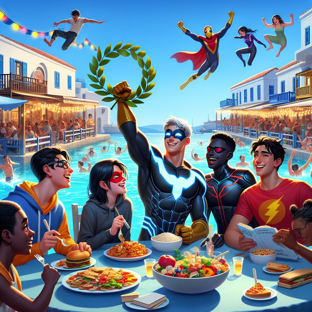 The scene is lively and vibrant, showcasing a busy market in Greece. In the foreground, a group of five youthful superheroes celebrates. A male, masked superherolin glee is lifting a laurel wreath in honour of the achievement. Two male superheroes of South Asian and Black descent are engaging in a friendly food-eating contest, while two female superheroes, one Caucasian and one Middle Eastern, float above immersed in reading Greek mythology books. In the background, the sparkling blue Aegean Sea is teeming with animated characters swimming enthusiastically. Nearby, a game centre pulses with luminous light, inviting participants to join in the fun as celebratory banners billow in the breeze, all set against the charming white-washed buildings of Greece.
Generated with these themes: Food, Teen titans go , Greece, Gaming, Swimming, Reading, and Greek mythology .
Made with ❤️ by AI.