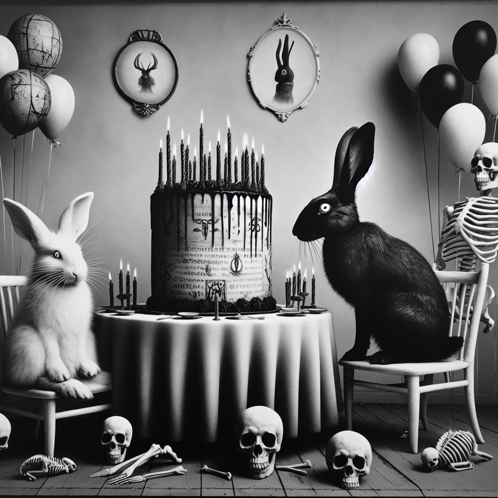 A black and white Surrealist birthday scene reveals an unusual gathering. At the center, a white rabbit with a black nose is seated next to a gothically styled birthday cake, garnished with bones and dark icing. Sitting opposite the cake is a black rabbit which has a stark white nose; it looks intensely at the cake which is inscribed with strange, hieroglyph-like medical symbols hinting at a cryptic diagnosis. Floating above this odd celebration are skeletal balloons. The backdrop morphs esoterically, fusing the ambiance of a birthday party with that of a puzzling medical realm.
Generated with these themes: White rabbit black nose, Black rabbit white nose, Gothic, and Medical diagnosis .
Made with ❤️ by AI.