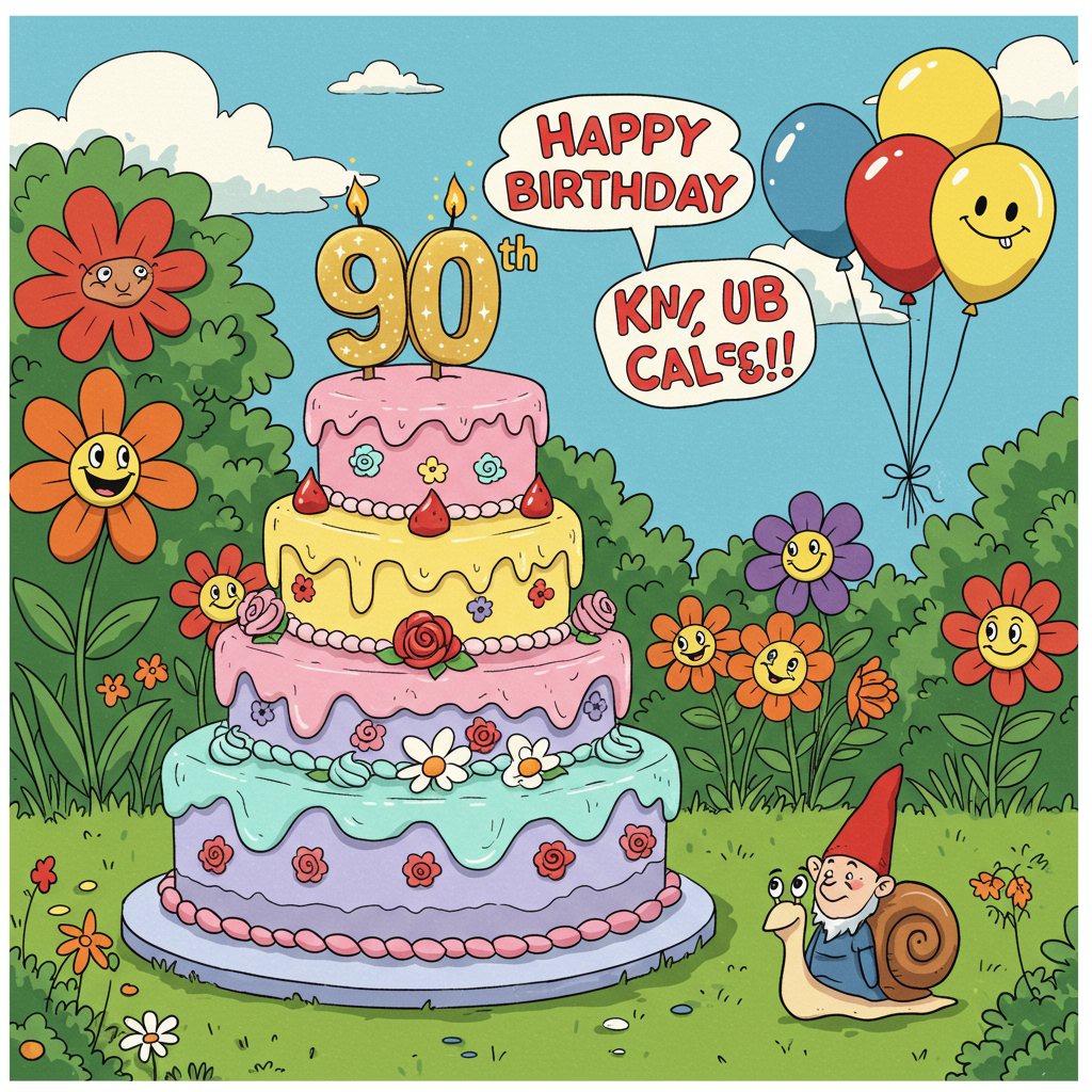 The front cover of the greeting card bursts with a vibrant cartoon scene, reminiscent of classic comic styles. The setting is a lush garden, brimming with life and color. 

In the foreground, a large, whimsical cake towers with three tiers. The cake is decorated with exaggerated swirls of pastel icing in pink, lavender, and mint green. Each tier features playful floral patterns, with sugar daisies and roses, painted in bright yellows, reds, and blues. The cake is crowned with an oversized “90” numeral candle, painted in gold with shimmering sparkles.

Surrounding the cake, a cluster of balloons floats buoyantly in the air. The balloons are in vivid hues of primary colors: red, blue, and yellow, each with a glossy sheen. One balloon has a cheeky smiley face drawn on it, adding a touch of humor. 

The background is a garden scene, with cartoonishly oversized flowers dotting the landscape. The flowers have exaggerated petals in a kaleidoscope of colors: fiery oranges, deep purples, and sunny yellows. Their exaggerated size and faces peeking through petals pay homage to Bill Watterson’s playful elements.

In the sky, puffy clouds drift lazily by, each with thick outlines reminiscent of Osamu Tezuka’s manga style. One cloud unfurls into a banner that reads "Happy 90th Birthday" in bold, bubble-like letters, reminiscent of Walt Disney’s early animations. The text is in a bright red, contrasting vividly against the blue sky.

At the card’s bottom, a small, cheeky garden gnome with a pointed red hat and a wide grin, drawn in the style of Gary Larson’s quirky characters, tips his hat as if saluting the birthday celebration. He stands beside a snail, with exaggerated spirals on its shell, inching its way through the grass.

Overall, the scene captures a blend of lively colors and imaginative details, evoking the whimsical charm of a garden party celebration for a monumental 90th birthday.
Generated with these themes: 90th Birthday , Garden, Flowers, Cake, and Balloons .
Made with ❤️ by AI.