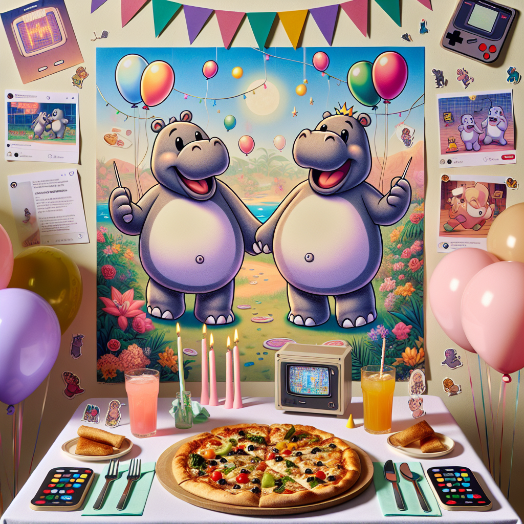 Imagine a joyful birthday setting, full of amicable frolics and merry fun. Two nonspecific cartoon characters, known for their playful dynamic, are involved in their customary jests, sprinkling a touch of mischief amid a backdrop of pastel balloons and streamers. Round and gladsome hippos, humorously outlined with soft strokes, mix near an energetic gaming zone reverberating with the plain sounds of classic electronic games. Decorations inspired by popular social media trends, such as app logos and popular dance move cut-outs, inject the scene with a modern touch. An acknowledgment of sustainable dining, a mouth-watering vegan pizza loaded with diverse plant-based toppings, beckons to be eaten, sitting proudly on a table graced with environmentally friendly utensils and serviettes.
Generated with these themes: Tom and Jerry, Hippos, Arcades, Tiktok, and Vegan pizza .
Made with ❤️ by AI.