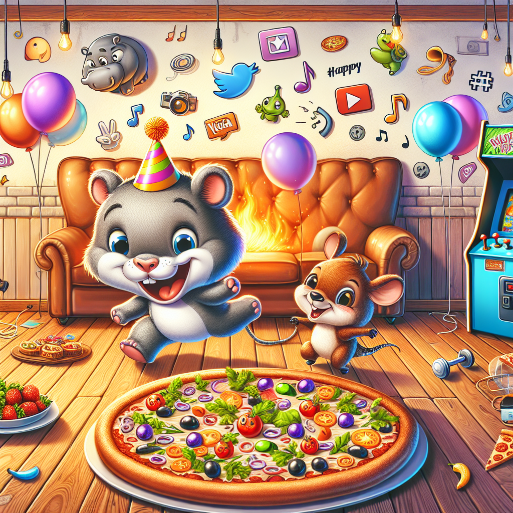 Create a lively cartoon birthday party scene filled with joy and warmth. In the middle of this scene, a mischievous grey cat and an adorable small brown mouse playfully chase each other, adding a touch of nostalgia. Whimsical hippos, depicted with exaggerated grins and party hats, can be seen near a corner filled with vintage-style arcade games. Floating around the room are various symbols such as hashtags and music notes, symbolizing the digital age's current trends. A table shines with a vegan pizza, dressed with bright vegetables, ready for the partygoers who prefer healthier options.
Generated with these themes: Tom and Jerry, Hippos, Arcades, Tiktok, and Vegan pizza .
Made with ❤️ by AI.