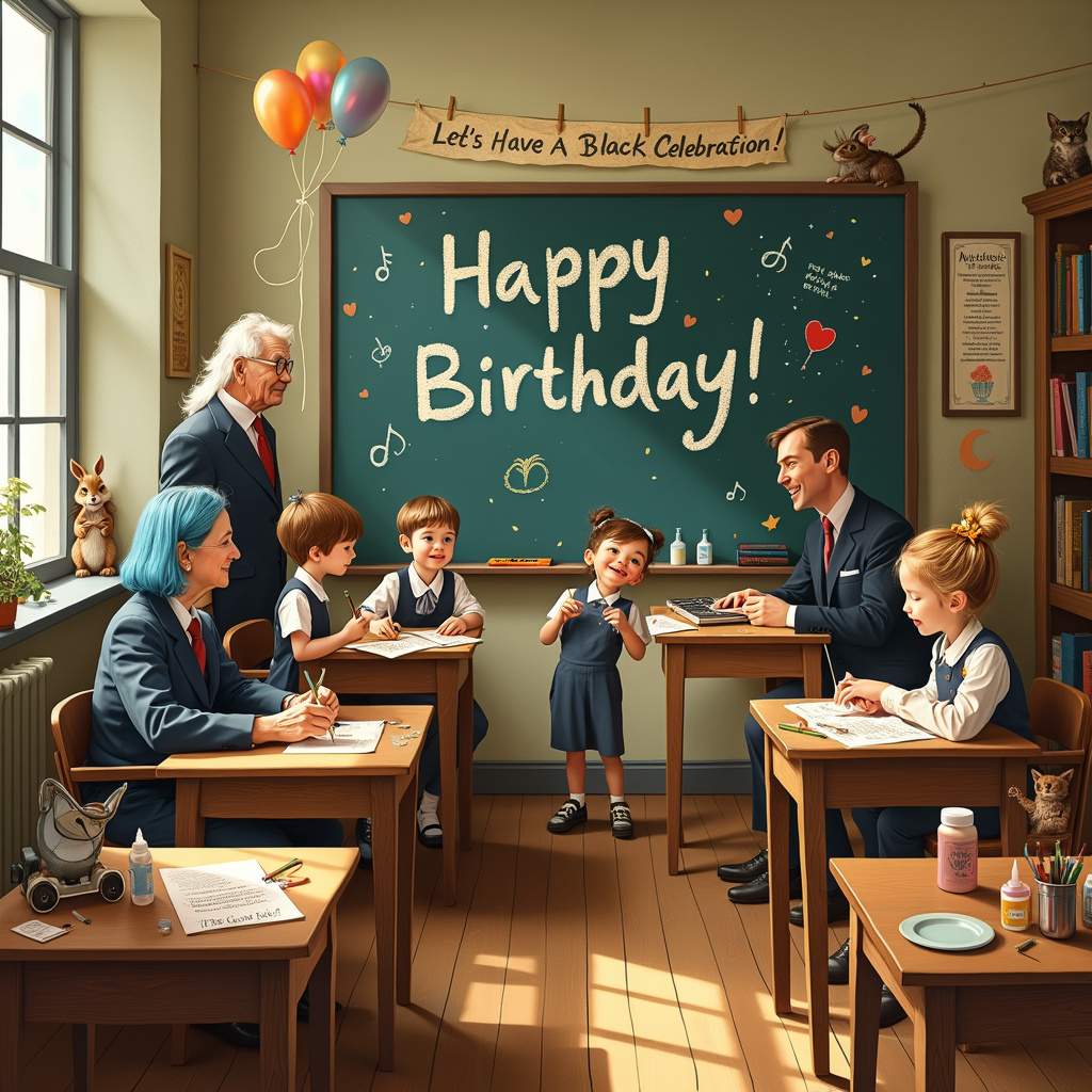 Picture a whimsical classroom filled with quirky, detailed elements that harmoniously blend the birthday celebration, Depeche Mode, family, and school themes. The setting is a vintage-style classroom with wooden desks and large sash windows casting a soft, golden light, reminiscent of Norman Rockwell's iconic scenes.

In the center, a blackboard proudly proclaims, "Happy Birthday!" in colorful chalk, with doodles of balloons, confetti, and musical notes dancing around the text. On the chalkboard ledge, a toy replica of Depeche Mode's keyboard stands next to a miniaturized vinyl record of their iconic album, "Violator," subtly referencing the band's influence.

Seated at the desks are members of a family, all ages from grandparents to toddlers, depicted in a Quentin Blake-esque, slightly exaggerated style. Each family member wears school uniforms, yet accessorized to hint at their personality: the grandmother with her cat-eye glasses and pearls, the father in a Depeche Mode band t-shirt under his blazer, the teenager with headphones and a rebellious streak of blue hair, and the little ones with oversized bows and untied shoelaces.

Maurice Sendak-inspired illustrations of creatures and fantastical elements peek from behind bookshelves and desk drawers, as if the classroom is a portal to an imaginative world. An N.C. Wyeth-style map hangs on the wall, where X marks the spot for "Birthday Treasure," hinting at a scavenger hunt.

At one desk, a young child is crafting a birthday card, surrounded by an explosion of art supplies - colored pencils, glitter, glue sticks, and scraps of paper with doodles of Depeche Mode lyrics. Next to them, an Arthur Rackham-style illustrated book titled "Family Adventures" lays open, its pages fluttering as if animated by magic.

Hanging from the ceiling, Beatrix Potter-inspired animal characters hold a banner that reads, "Let's Have A Black Celebration!" with playful nods to Depeche Mode lyrics. Gustave Doré-like intricate patterns border the windows, adding an enchanting, almost gothic touch to the scene.

The teacher, a whimsical figure with a mix of Edward Gorey’s eccentricity and Maxfield Parrish’s elegance, is standing by the door, ready to lead the class into a world of birthday adventures. A chalk drawing of a cake with candles, done in Aubrey Beardsley’s detailed line work, completes the scene on the board.

Each element of the illustration is packed with detail, blending the themes of Depeche Mode, family, and school in a visually delightful and story-rich manner, creating a perfect, quirky birthday card front cover.
Generated with these themes: Depeche Mode, family, school.
Made with ❤️ by AI.