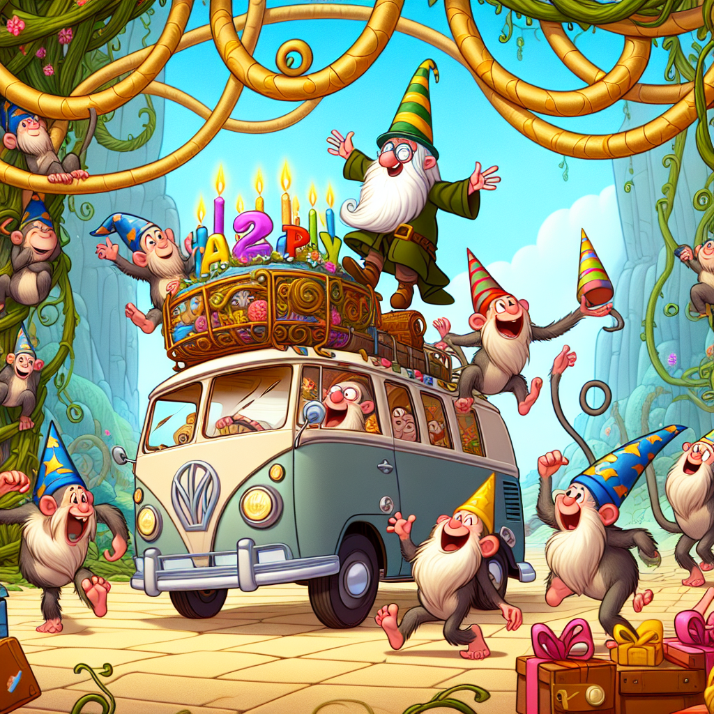 A joyful display of a fantasy adventure meets road trip scenario in a cartoon birthday setting filled with laughter. In the nucleus of this festive scene, a comical elderly wizard can be seen driving a whimsically decorated camper van, accompanied by small humanoid companions with furry feet, expressing curiosity and excitement. Surrounding the van is an entertaining enclosure inhabited by monkeys. These primate inhabitants of the enclosure are humorously dressed up in pointed wizard hats and are swinging around from vines. The vines interestingly mirror the curves and strokes of a fictional ancient script.
Generated with these themes: Lord of the rings, Camper van, and Monkey enclosure.
Made with ❤️ by AI.
