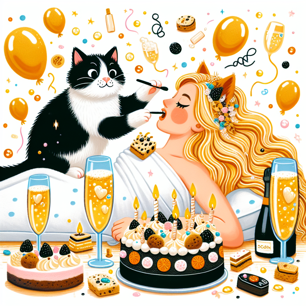 In this delightful birthday-themed illustration, the celebration is in full swing with two cats, one black and white and the other ginger, cheekily nibbling on gourmet vegan treats. Pops of birthday merriment are scattered throughout as one of the cats playfully swats the effervescent bubbles rising from their prosecco glasses. The scene is centered around an individual with golden-blonde hair, suggesting a restful spa day, symbolizing a moment of self-care and luxury amidst the birthday festivities.
Generated with these themes: Black and white cat called Elvis, Ginger cat called Ziggy, Like to eat Vegan Food, Likes to drink lots of proscecco, Likes to go to the spa, and Has blonde hair.
Made with ❤️ by AI.