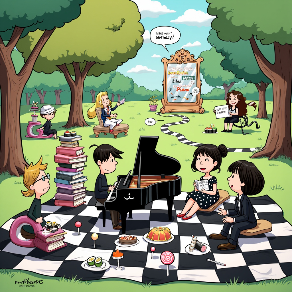 The trendy black and white clothings, Books, Sweets, Sushi, Facial beauty, and Piano Birthday Card