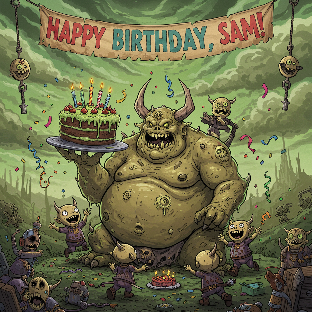 **Front Cover Description:**

**Scene Layout:**

- **Background:** 
  - The scene is set in a vibrant cartoon-style landscape, with a warped and chaotic twist reflecting the theme of Warhammer and Nurgle. The sky is a swirling blend of sickly greens and purples, reminiscent of a chaotic vortex, with dark clouds that have exaggerated, distorted expressions reminiscent of Nurgle's corrupted realm.

- **Central Figure:**
  - A large, cartoonish Nurgle daemon is the central figure, with an exaggerated potbelly, grinning mischievously. Its features are oversized and playful, akin to the bold lines and expressions in Gary Larson's work. The daemon is holding a massive, slimy cake with gooey green frosting, decorated with colorful but twisted candles that resemble mini Chaos symbols.

- **Foreground:**
  - Surrounding the Nurgle daemon, there are small, impish Nurglings with exaggerated features—big eyes, broad grins, and long arms waving in excitement, reminiscent of the style of Charles Schulz’s characters. These creatures are playfully scattering confetti, made of tiny skulls and multicolored spores, over the scene.

- **Banner:**
  - In the sky, a vibrant banner stretches across, with a frayed, chaotic design. In bold, cartoonish letters it reads, "Happy Birthday, Sam!" The letters are adorned with miniature Warhammer Chaos symbols, integrated into the colorful, cartoonish typography, much like the playful fonts seen in Will Eisner's graphic novels.

**Details:**

- **Color Palette:**
  - A mix of muted yet vibrant colors, with a focus on greens, purples, and browns to maintain the Nurgle theme, but with splashes of bright, contrasting colors—yellows, blues, and reds—in the confetti and cake to add a celebratory feel.

- **Additional Elements:**
  - In the background, whimsical, cartoon-like Chaos Marines are subtly incorporated, with oversized helmets and tiny, exaggerated weapons. They are shown in a playful manner, like characters from Osamu Tezuka's work, seemingly part of the birthday celebration rather than a battle.

- **Ground:**
  - The ground is a patchwork of distorted, colorful tiles, inspired by the surreal landscapes of Winsor McCay’s Little Nemo, adding a dreamlike quality to the chaotic birthday scene.

This card merges the chaotic and grotesque with the playful and whimsical, creating a uniquely entertaining birthday greeting for a fan of Warhammer's Nurgle theme, designed in a light-hearted, cartoonish style.
Generated with these themes: Warhammer, Nurgle, and Chaos.
Made with ❤️ by AI.