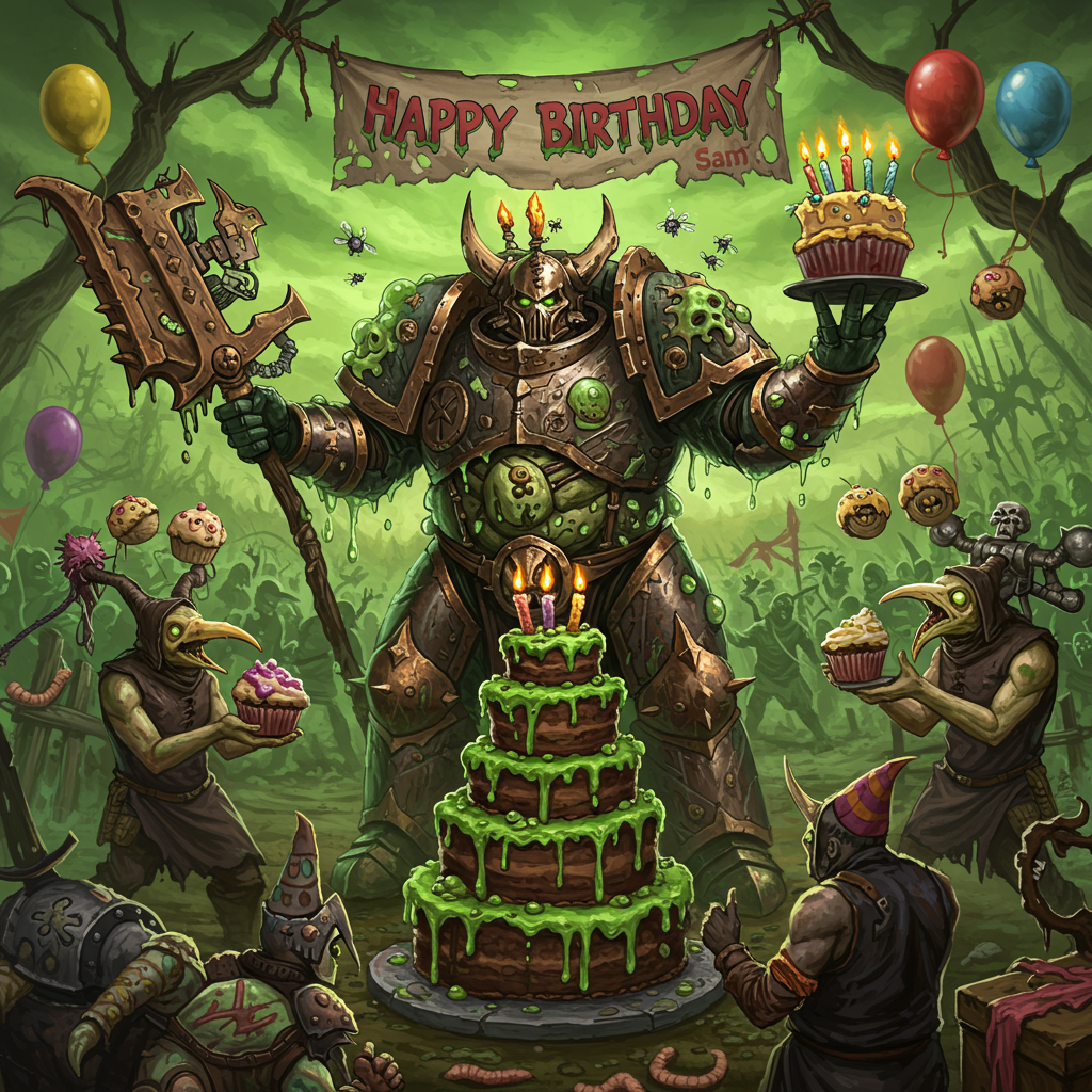 **Front Cover Description:**

*Scene Overview:*
A whimsical and chaotic birthday scene blends cartoonish delight with the chaotic theme of Warhammer's Nurgle. Imagine a vibrant battlefield turned birthday party, where the traditional joy of celebration merges with the grotesque charm of Nurgle, creating a curious and captivating birthday card cover.

*Central Characters:*
- **Nurgle's Champion:** At the forefront, a cartoonish representation of a Nurgle champion, adorned with exaggeratedly oversized armor covered in bright green ooze and cartoonish boils that pop out humorously. The armor is a kaleidoscope of slime greens and rusted bronzes.
- **Plaguebearers:** Surrounding the champion are smaller, pudgy plaguebearers, comically juggling cupcakes that ooze multicolored icing. Their wide, dopey eyes and goofy grins add a playful touch.

*Birthday Elements:*
- **Birthday Cake:** At the scene's center is a towering cake, made from layers of what appear to be green and brown "muck" with animated flies buzzing around. The cake is topped with wriggling worm-shaped candles.
- **Banner:** Above, a tattered banner hangs between two gnarled branches, with "Happy Birthday" written in gooey letters. In the bottom right corner of the banner, "Sam" is scrawled in a vibrant, graffiti-like style.

*Background Details:*
- **Environment:** The backdrop is a vivid, cartoon-style rendering of a whimsical battlefield. The sky is a sickly, swirling green and purple, reminiscent of a chaotic storm.
- **Party Decorations:** Scattered around are colorful yet slightly gross party decorations, like balloons in the shape of bloated, grinning Nurgle faces and streamers that look like chains of tiny green germs.

*Artistic Style:*
- Inspired by the playful yet detailed linework of Charles Schulz, combined with the chaotic whimsy of Bill Watterson. The colors are vibrant and bold, with an exaggerated comic strip feel reminiscent of Hergé's Tintin, creating a scene that's both grotesque and delightfully festive.
Generated with these themes: Warhammer, Nurgle, and Chaos.
Made with ❤️ by AI.
