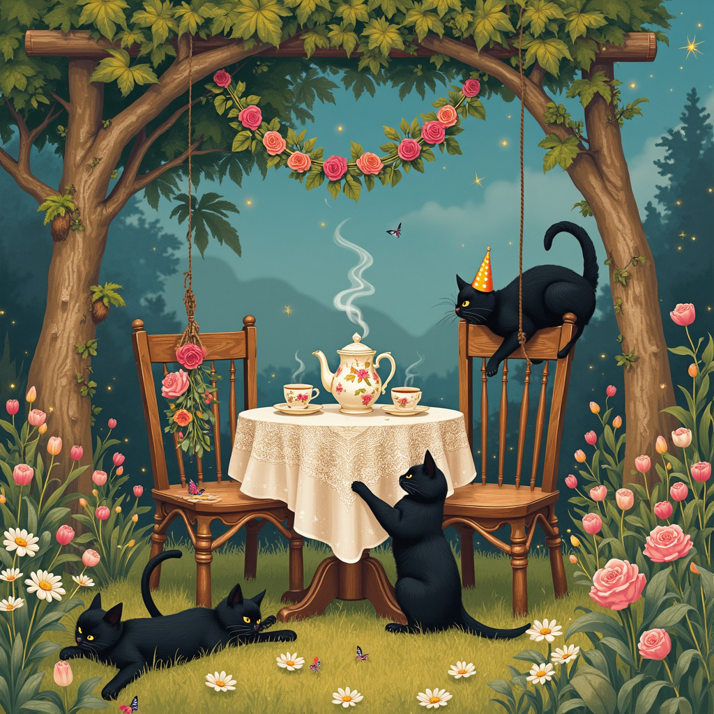 The scene is set in a whimsical, slightly enchanted garden, reminiscent of a Maxfield Parrish dreamscape with vibrant colors and soft, ethereal lighting. In the center of the scene is a small, round wooden table, reminiscent of something out of a Beatrix Potter illustration, set up for an anniversary celebration. 

On the table, there's a vintage lace tablecloth, delicately detailed like something from an Edward Gorey illustration, and a porcelain teapot with a floral pattern that nods to Arthur Rackham's intricate line work. Surrounding the teapot are three teacups, each one a different pastel color, filled with steaming tea. 

Perched on the back of one of the antique wooden chairs, a nod to Norman Rockwell's cozy domestic scenes, is a black cat with a slight mischievous glint in its eye, its tail curling playfully around the chair’s spindle. This cat is wearing a small, whimsical party hat, a colorful cone with polka dots, bringing in a hint of Maurice Sendak's playful fantasy.

Two more black cats are in the foreground: one is lying on its back in a patch of daisies, paws playfully batting at a butterfly, with a hint of Quentin Blake’s energetic line work. The other is standing on its hind legs, reaching up towards a hanging garland of flowers that stretches between two ornate garden trellises, much like something Gustave Doré might have intricately carved into a fairy tale scene. 

The garden is alive with flora—roses, tulips, and lilies—bursting in vibrant colors, reminiscent of Maxfield Parrish’s saturated hues. To the side of the table, a small, gnarled tree similar to something from an N.C. Wyeth painting, holds a wooden swing that is gently swaying. The swing has a bunch of flowers tied to its rope, each flower's petal meticulously detailed like Aubrey Beardsley's intricate designs.

Above, the sky is a soft twilight blue, dotted with golden stars that twinkle, casting a gentle glow over the entire scene. The blend of styles and details creates a rich tapestry that tells a story of a magical anniversary celebration where the cats are the hosts, joyfully commemorating the special day amidst the enchanting beauty of nature.
Generated with these themes: 3 black cats, and Flower.
Made with ❤️ by AI.