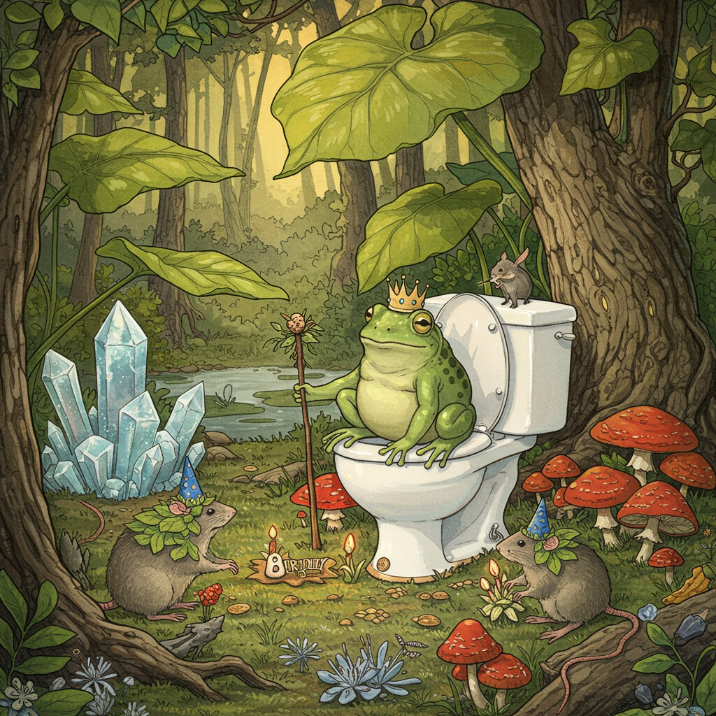 Imagine a whimsical birthday scene bursting with quirky details and delightful oddities. At the center, a small, vibrant clearing in a fantastical forest opens up, dappled with golden sunlight filtering through a canopy of lush, oversized leaves. 

In the foreground, a comical arrangement takes the spotlight. A pristine porcelain toilet, gleaming with a pearly sheen, serves as a makeshift throne. Atop this unconventional seat, a chubby, jovial frog wearing a tiny, intricately detailed crown sits regally. Its skin is a lively shade of emerald green, speckled with darker spots. The frog holds a miniature scepter—a twig adorned with glistening dew-drops—grasped in one of its webbed hands.

Scattered around the base of the toilet throne are an assortment of vibrantly colored mushrooms—deep scarlets, bright oranges, and luminous blues—all rendered with intricate details that highlight their unique textures and shapes. Among them, plump rats, adorned with tiny birthday hats crafted from leaves and flowers, scuttle about. Their soft fur is painted in shades of warm grays and browns, each with twinkling eyes that convey their mischief.

In the background, crystals jut out from the ground like ethereal sculptures, catching and refracting the sunlight into a spectrum of dazzling hues. They are rendered in a style reminiscent of Beardsley's intricate linework, capturing their multifaceted surfaces with precision. These crystals provide a mystical backdrop to the scene, adding an element of otherworldly wonder.

Flanking the scene, gnarled tree trunks rise up, their bark etched with detailed textures akin to Rackham's work. The foliage overhead is dense, creating an intimate, secluded atmosphere. Between the trees, a gentle brook meanders, its water rendered in delicate washes of blues and silvers.

Above, a clear sky stretches, dotted with fluffy clouds reminiscent of Parrish’s dreamlike paintings, painted in soft pastels that contrast with the vibrant colors below. This surreal yet inviting birthday tableau invites the viewer to explore every nook and cranny of its detailed, whimsical world.
Generated with these themes: Mushrooms, Frogs, Rats, Crystals, Toilet, and .
Made with ❤️ by AI.
