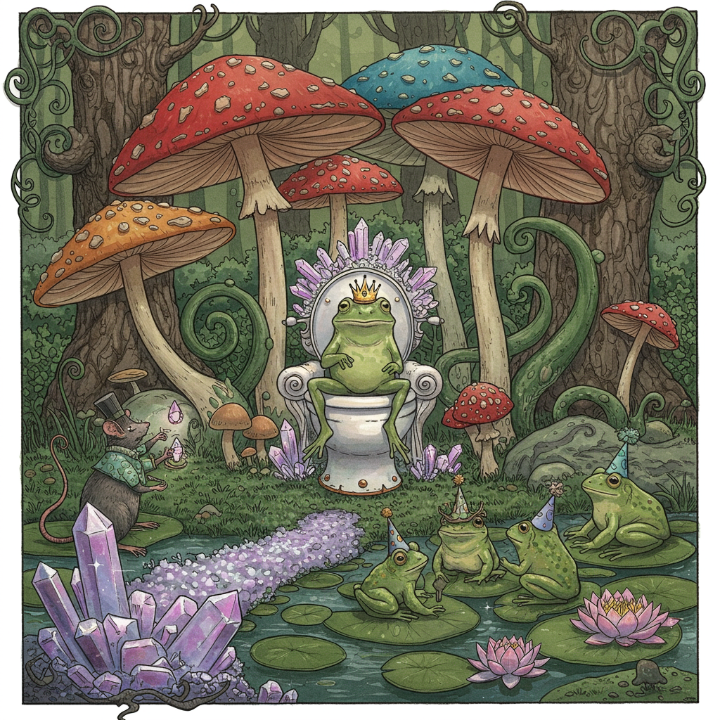 Imagine a whimsical birthday scene captured in the style of a detailed hand-drawn illustration. At the center of this fantastical landscape, a cluster of vibrant, oversized mushrooms with spotted caps in shades of crimson, azure, and goldenrod create a natural canopy. Their stems, thick and sinuous, twist upwards in an almost spiral dance.

Underneath this mushroom canopy, a jovial group of frogs, each donning tiny party hats, are in the midst of a festive gathering. The frogs are various shades of green, some with mottled skin patterns in dark olive and lime, others in smooth, bright emerald. They sit atop lily pads that float in an imagined water feature made entirely of amethyst crystals, the facets catching light in hues of purple and lilac.

To the left, a mischievous rat wearing a miniature top hat is seen juggling small, glowing crystals of varying colors—ruby reds, emerald greens, and sapphire blues. The rat is detailed with fine whiskers and a tail that curls elegantly behind him, adding to his aura of mischief.

A crystalline pathway, glittering under a soft light, leads to an unusual birthday throne made from an ornate, vintage toilet, its porcelain gleaming with an opalescent sheen. The toilet throne is festooned with garlands of small, iridescent mushrooms and draped with silken fabrics in hues of soft lavender and sky blue. Upon this throne sits a particularly grandiose frog, larger than the rest, wearing an exaggeratedly large crown made from twisted twigs and adorned with crystal shards, looking every bit the amphibian monarch.

The background is a dreamy, lush forest scene with towering trees whose bark is detailed with swirling patterns, echoing the style of Arthur Rackham's intricate lines. The ground is a tapestry of ferns and wildflowers in pastel shades, peppered with tiny creatures like beetles and butterflies rendered in exquisite detail.

The sky above is a twilight gradient, shifting from deep navy to a warm peach at the horizon, sprinkled with stars that twinkle gently. This scene is both fantastical and grounded in its richness of detail, a perfect birthday card front cover for those who revel in the quirky and imaginative.
Generated with these themes: Mushrooms, Frogs, Rats, Crystals, Toilet, and .
Made with ❤️ by AI.