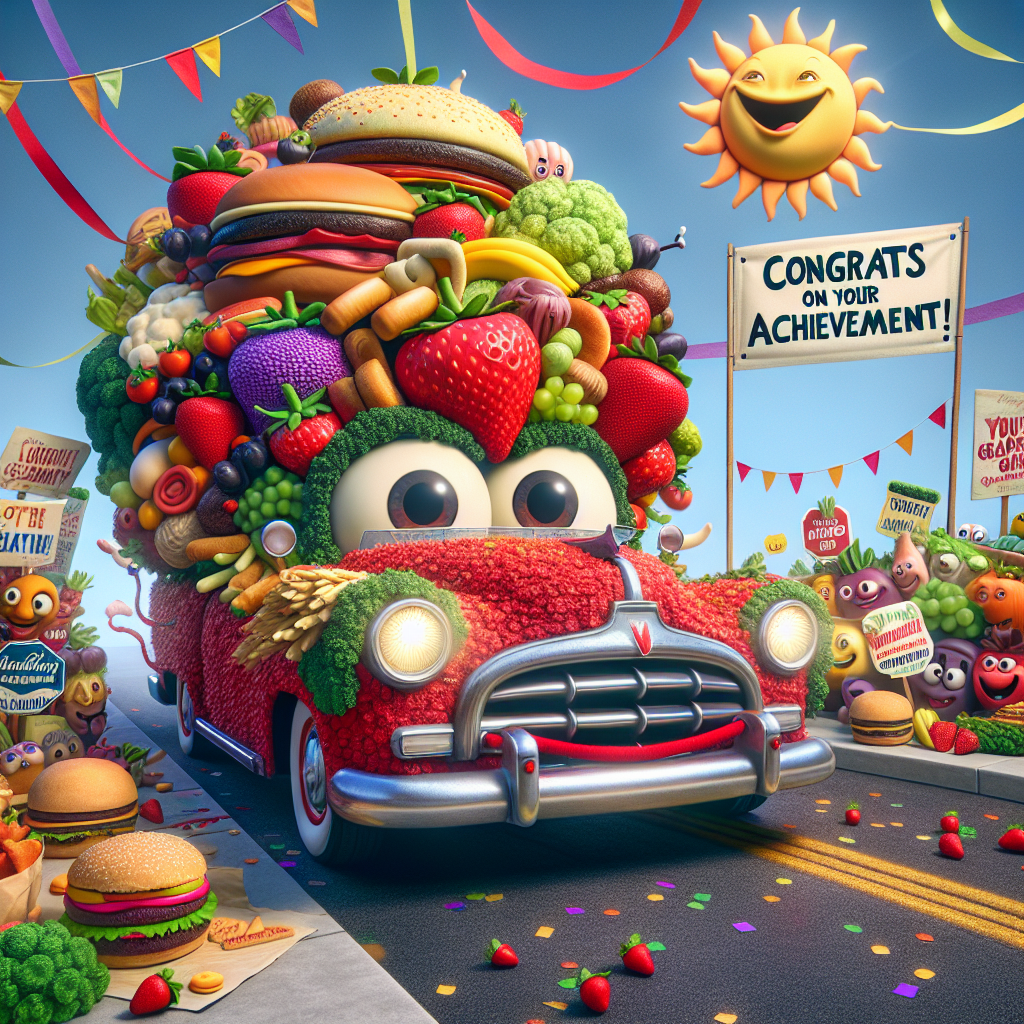 Depict a whimsical scene in which a vibrant red automobile, anthropomorphized with peering eyes and a welcoming grin, cruises down a celebratory street. The vehicle's trunk overflows with mouthwatering food items such as mammoth strawberries, towering hamburgers, and brightly hued cupcakes. Overhead, streamers flutter in the wind, heralding 'Congrats on Your Achievement!' The fun-loving sun appears to glance in admiration. Providing a supportive backdrop, animated characters comprising vegetables and fruits cheer from the periphery, flourishing signs bearing witty words of motivation like 'Lettuce Celebrate' and 'You're Grape!'
Generated with these themes: Cars, and Food.
Made with ❤️ by AI.