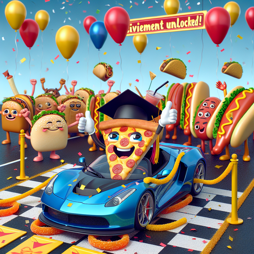 Visualize an animated scenario where a sleek blue sports car is embellished with celebratory balloons and is crossing a finish line made up of licorice ropes. At the wheel, is an anthropomorphic slice of pizza donning a graduation cap, offering a thumbs up. On the sidelines, animated versions of hot dogs, tacos, and sodas are gleefully throwing confetti, each with speech bubbles exclaiming 'Well Done!' and 'Meat me at the Top!'. The sky above crackles with explosions of ketchup and mustard fireworks morphing into a message that reads 'Achievement Unlocked!'
Generated with these themes: Cars, and Food.
Made with ❤️ by AI.