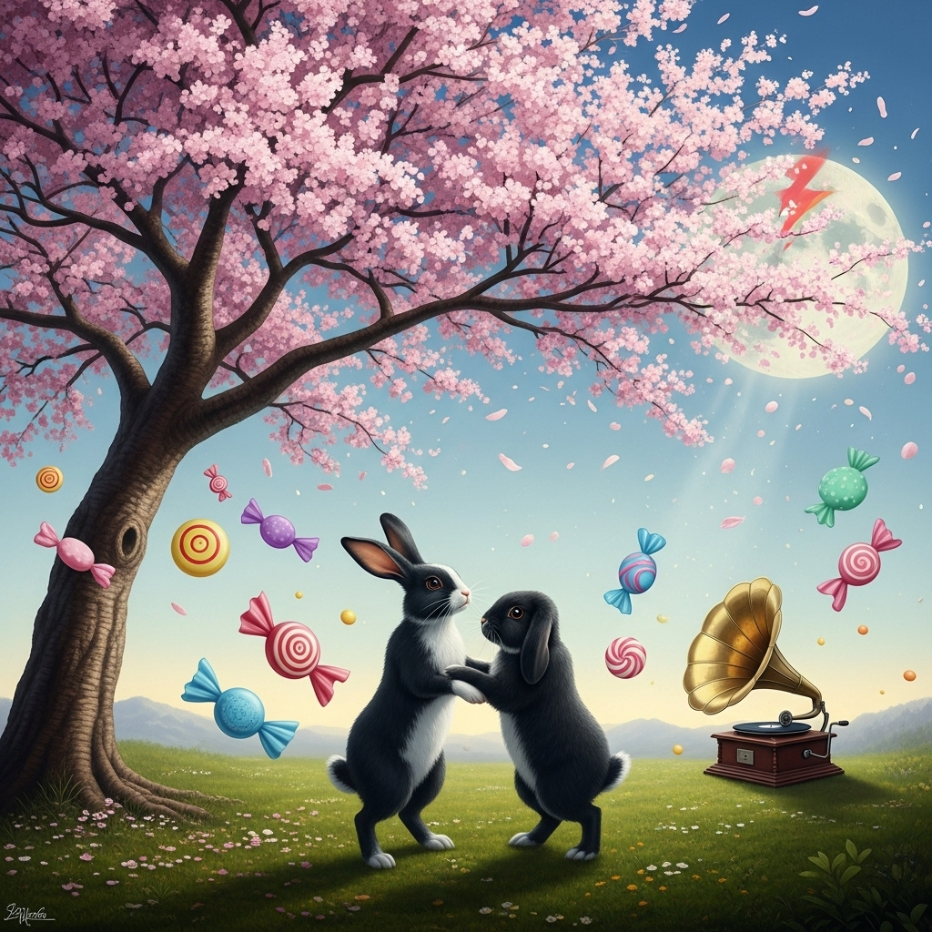 Cherry tree, Black rabbit with white nose , Black lop rabbit, David Bowie , Sweeties , and Birthday Card