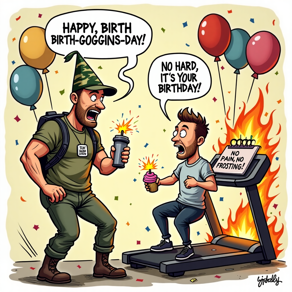 **Prompt for the Illustration Image:**

*At the top of the illustration image, "Happy BIRTH-Goggins-Day, Tom – now STAY HARD (and party harder!)"*

Illustrate a hilarious scene where ultra-tough David Goggins, dressed in birthday-themed military gear (camouflage party hat, dog tags with "No Excuses" engraved, and holding a protein shake with a sparkler in it), is shouting motivational birthday encouragement at a shocked, cupcake-holding Tom mid-party. Balloons shaped like kettlebells float behind them, and a birthday cake reads “No Pain, No Frosting!” in bold letters. Confetti flies around as Goggins does pushups on a flaming treadmill, all while barking "STAY HARD, IT'S YOUR BIRTHDAY!" – comically intense and full of high-energy humor.
Generated with these themes: David Goggins wishing you a happy birthday and to 'stay hard'.
Made with ❤️ by AI.