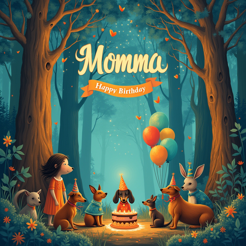 In the foreground of this surreal birthday card illustration, a whimsical woodland setting unfolds. Towering cosmic redwood trees, their bark shimmering with hints of teal and turquoise, stand as sentinels around the scene. Their branches twist and weave into incandescent patterns, casting a gentle glow of orange and blue across the forest floor. Beneath the canopy, woodland creatures engage in a festive gathering: a curious raccoon peers from behind a tree, a pair of rabbits nibble on carrot-shaped party hats, and a family of squirrels pass around a small acorn cake. In the center, a trio of dachshunds dressed in colorful bowties and miniature top hats parade around, balancing balloons tied to their tails that shimmer in shades of teal and turquoise.

To the left, a mysterious girl with flowing hair, adorned with delicate leaves, stands partially hidden behind a tree, a gentle smile on her face as she observes the celebration. Her dress mirrors the hues of the forest, a swirling pattern of blues and oranges, blending her seamlessly into the magical environment. 

Floating in the sky above, wispy clouds take the shape of the word "Momma," elegantly crafted in a delicate font reminiscent of skywriting. Below the name, the clouds form a small, ethereal banner with "Happy Birthday" swirling through it, a gentle reminder of the day's occasion. This mystical sky writing reflects the incandescent glow of the forest below, casting a serene light over the scene.

Every element is intricately detailed, from the bark of the redwoods to the fur of the woodland animals, all painted with a touch of whimsy and inspired by the styles of celebrated artists like Rackham and Beardsley. This vibrant, dreamlike scene is a tapestry of celebration and nature, weaving a story that is both enchanting and heartfelt.
Generated with these themes: Cosmic redwood trees, Incandescent lighting , Colors of teal turquoise blue orange, Woodland animals, Dachshunds , and Mysterious girl.
Made with ❤️ by AI.