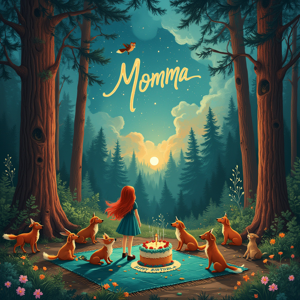 Cosmic redwood trees, Incandescent lighting , Colors of teal turquoise blue orange, Woodland animals, Dachshunds , and Mysterious girl Birthday Card