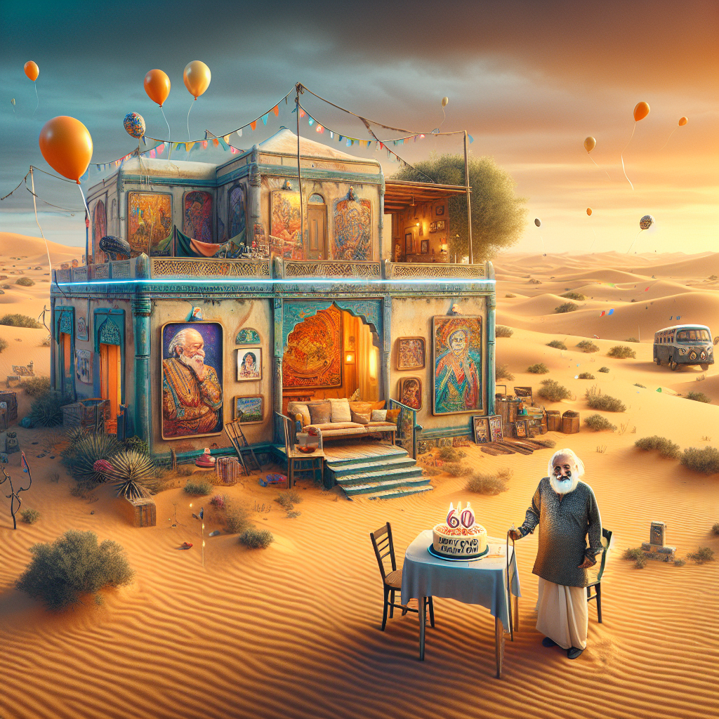 This is a imaginative scene depicting a 60th birthday celebration set within the expansive expanse of a desert. At the heart of the scene, there's a jovial elder man, of South Asian descent, standing in front of an interesting art house. The walls of the house are decorated with colorful paintings that echo scenes from opera. Above the scene, balloons and streamers drift lazily, adding to the festive atmosphere. Near the art house, a table is set with a cake that reads 'Happy 60th', extending a warm invitation. The sky above is tinted with the rich colors of a sunset.
Generated with these themes: 60TH MAN DESERT ART HOUSE OPERA.
Made with ❤️ by AI.