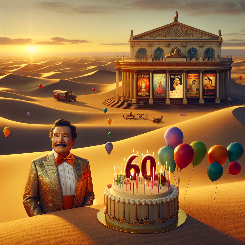Imagine a picturesque scene of a desert oasis. The setting sun is casting a beautiful golden light over sweeping sand dunes. Right in the center of this landscape is an opera theater-like art house, its facade adorned with posters of well-liked operas. A Hispanic man in his 60s, donned in elegant attire that mirrors the artistic aura of the surroundings, is the center of attention. His 60th birthday is being celebrated with colorful balloons decorating every corner and a large, beautifully iced cake bearing the number '60' as the centerpiece, completing the merry tableau.
Generated with these themes: 60TH MAN DESERT ART HOUSE OPERA.
Made with ❤️ by AI.