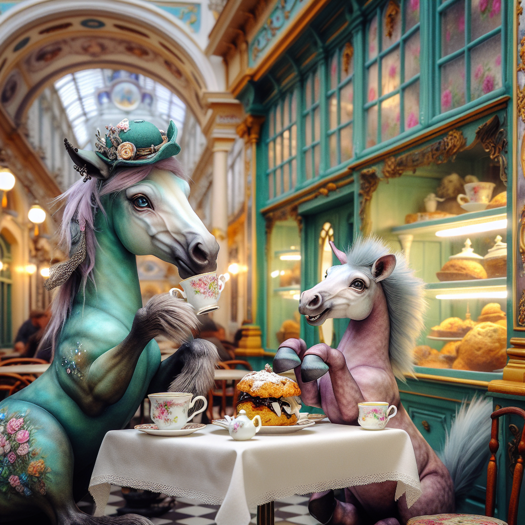 In a cozy, antiquated Viennese-themed café, a scene of endearing charm unfolds. Two fantastical little equines, in hues of pastel, add a playful flair to the classic setting. One equine, demonstrating sophistication, is deeply engaged in the act of delicately sipping English tea. Across the table, its companion, with an expression of pure joy, relishes in the taste of a freshly baked, crumbly scone. The scene beautifully marries elements of reality, such as the intricate details of the café and food, with the whimsical allure of the fantasy creatures.
Generated with these themes: Two my little ponies sitting in an old viennese cafè, one holing a cup of english tea and the other eating a scone.
Made with ❤️ by AI.