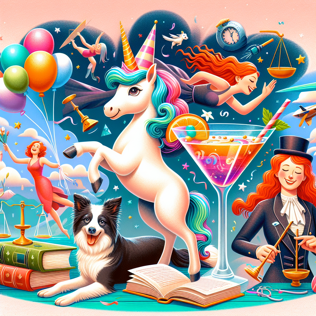 A whimsical birthday illustration set against a pastel backdrop, emanating joy and adventure. In the middle, an adorable unicorn with a party hat is joined by a playful border collie, both ready to partake in celebrations. A colorful cocktail exudes festivity. A red-head lady joyfully swims nearby, capturing a moment of bliss. A smiling red-haired girl nearby is holding a map, symbolizing the thrill of exploration. Subtle hints of the world of law are artfully integrated into the travel elements, with legal books and a scale present, indicating a celebration of legal achievements or a journey through knowledge.
Generated with these themes: Unicorn, Border collie , Cocktail, Ginger lady wild swimming, Ginger girl child, Travel, and Law.
Made with ❤️ by AI.
