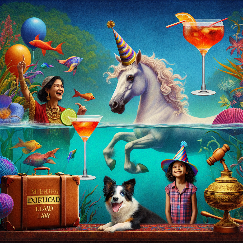 In this heartfelt birthday scene, a fantastic unicorn with a flowing mane stands at the focus of the image, accompanied by a delighted border collie wearing a birthday party hat. Vibrantly colored cocktails serve as the centerpiece, toasting to the celebration. Secluded in a calm, azure pool of water is a South Asian woman indulging in wild swimming. A young Hispanic girl with ginger hair stands at the edge of the scene, her eyes filled with curiosity, and a suitcase by her feet signals her eagerness for exploration. Tucked away in the backdrop are nuanced symbols of law, like a judge's gavel and a hefty, ancient law book, encapsulating the diverse interests represented in the image.
Generated with these themes: Unicorn, Border collie , Cocktail, Ginger lady wild swimming, Ginger girl child, Travel, and Law.
Made with ❤️ by AI.