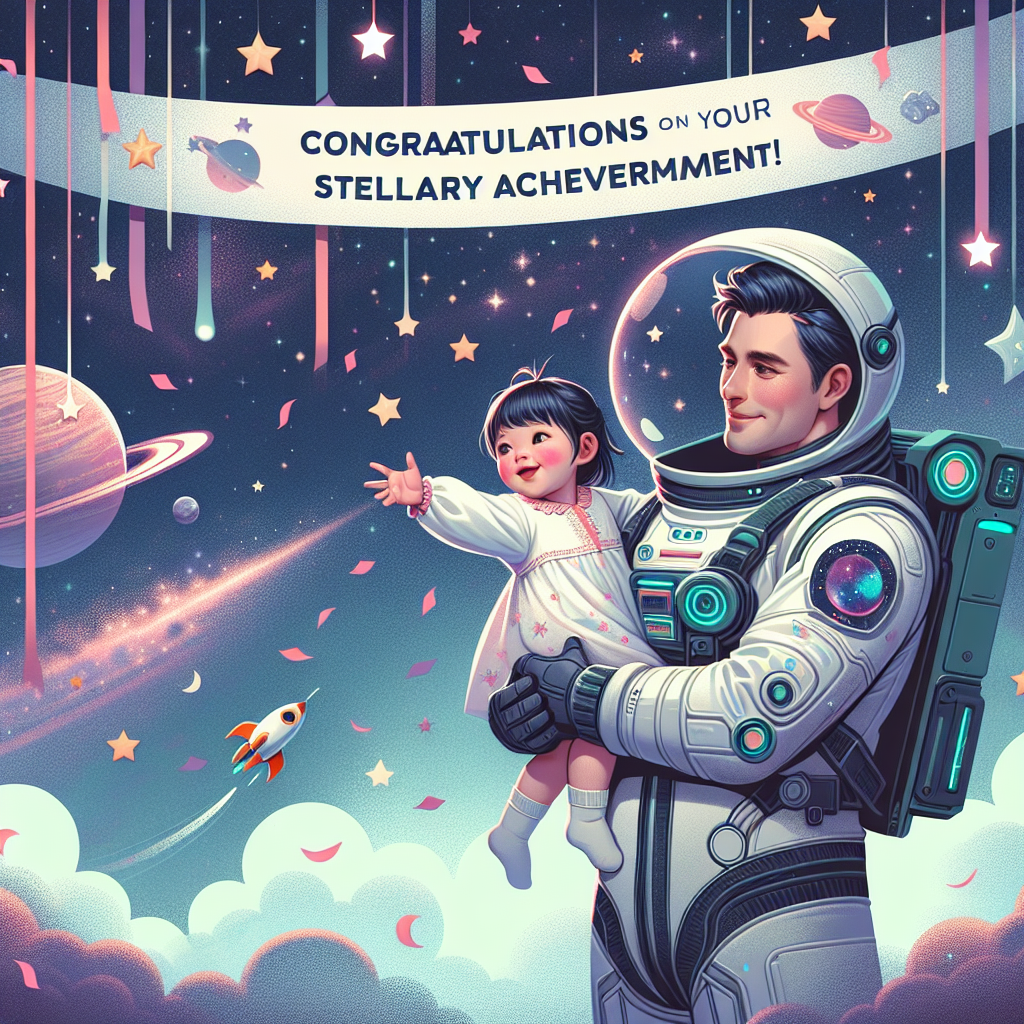 Create a charming illustration that portrays a proud Caucasian father dressed in a futuristic space suit, tenderly cradling his Asian baby girl who playfully reaches for the stars around her. The sky is filled with celebratory confetti in the shape of planets and stars raining down, while a banner suspended above them reads 'Congratulations on your Stellar Achievement!' An awe-inspiring cosmic backdrop with distant galaxies enhances the science fiction ambiance.
Generated with these themes: Father to baby girl , and Sci fi.
Made with ❤️ by AI.