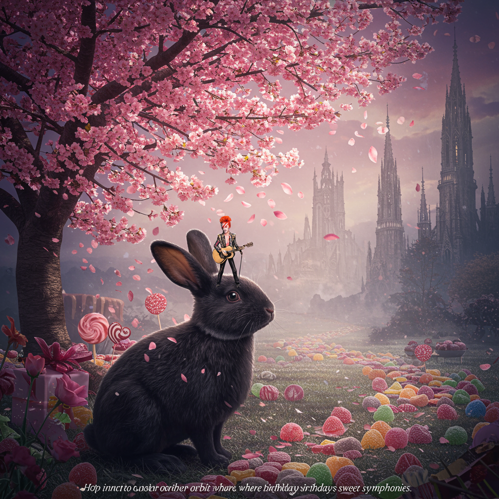 David bowie, Black rabbit with white nose, Cherry blossom tree, Sweeties, Gothic, Adventure , and Birthday Card