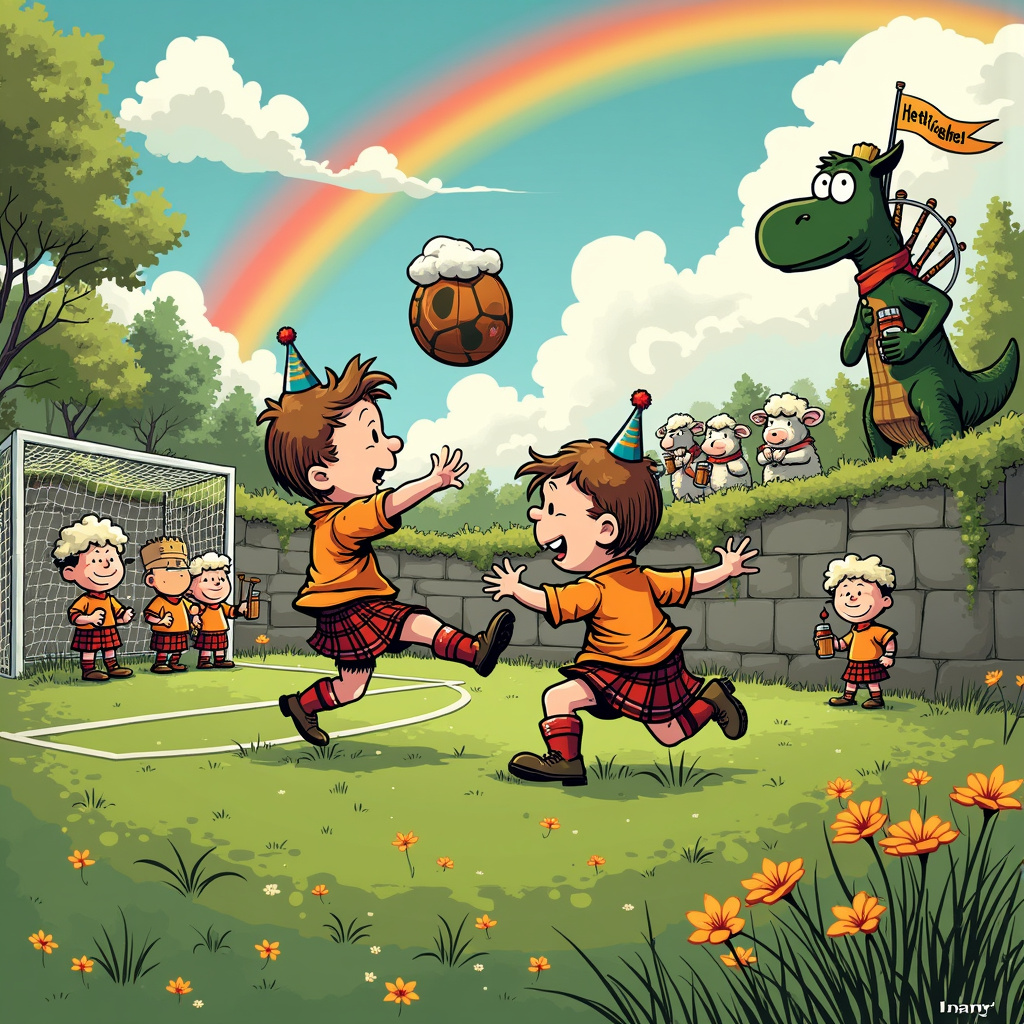 The front cover of the birthday greeting card presents a delightful and humorous Scottish soccer scene, bursting with personality and charm, inspired by the legendary comic artists.

In the foreground, imagine a lush green soccer field bordered by a quaint stone wall covered in ivy. The center of attention is an exaggerated, cheerful soccer match between two teams. One team, wearing tartan kilts and traditional Scottish tam o'shanter hats, is engaged in an enthusiastic game against a team of jovial, anthropomorphic beer mugs, each sporting bright jerseys with frothy heads bobbing above the rims.

A kilted Scottish player, resembling a cheeky blend of Calvin from "Calvin and Hobbes" and Charlie Brown from "Peanuts," is in mid-kick, aiming for an oversized soccer ball designed to look like a haggis, complete with textured details and plaid pattern. The haggis-ball is airborne, soaring towards the goal which is humorously guarded by a beer mug goalie, arms (handles) outstretched, desperately trying to block the shot.

Behind the players, a group of cartoonish highland cows and sheep, wearing tiny soccer scarves and drinking root beer from mugs, are the enthusiastic spectators, cheering from the sidelines. One sheep, in particular, stands on hind legs holding a banner that reads, "Happy Birthday!"

On the far left, a bagpiper, drawn in the style reminiscent of Will Eisner’s intricate linework, is energetically playing, adding to the festive atmosphere. On the right, a kilt-clad, animated Loch Ness Monster peeks over the stone wall, waving a Scottish flag and wearing a party hat, contributing a touch of whimsy.

The sky above is bright with comic-style fluffy clouds, and a rainbow arches over the scene, linking all elements in a seamless, vibrant illustration. The grass is detailed with various flowers and clovers, inspired by the intricate background designs of "Little Nemo in Slumberland."

Every element of this scene is packed with lively details and comedic touches, ensuring the birthday greeting card is both memorable and entertaining.
Generated with these themes: Scottish, Soccer, and Beer.
Made with ❤️ by AI.