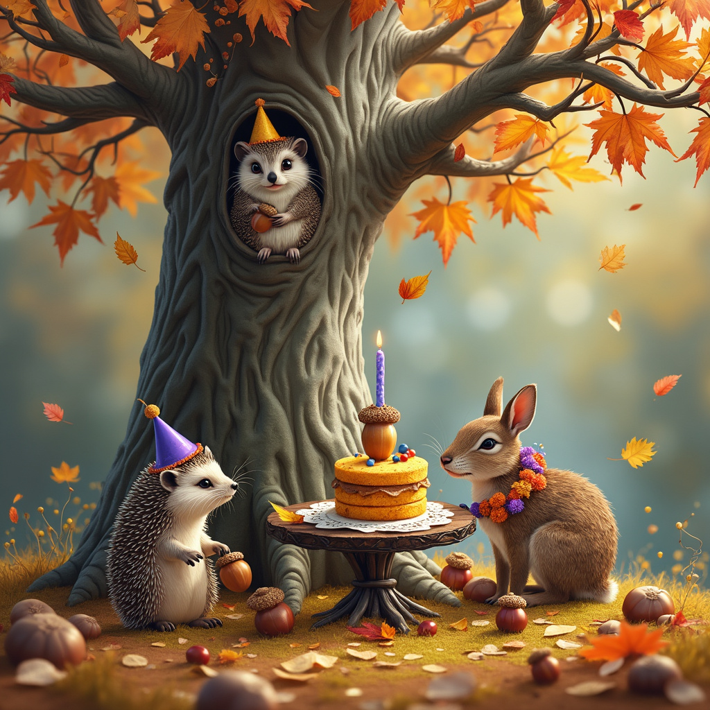 Picture a lively autumn day in the forest where the ground is a patchwork quilt of golden, orange, and red leaves. The centerpiece is a towering beech tree with its distinctive smooth, grey bark and spreading branches adorned with rustling leaves, halfway turned to amber. Nestled in the nook of one of its thick branches is a wise-looking owl, with feathers patterned in shades of brown and white, gazing intently at the activity below. 

At the foot of the tree, there's a bustling scene. A plump hedgehog is celebrating its birthday, complete with a tiny, leaf-crafted party hat tilted slightly askew. Surrounding it are small woodland creatures like a curious squirrel holding an acorn as a makeshift gift and a rabbit wearing a garland made from autumn asters - the flowers’ violet and white petals standing out brightly against the earth-toned backdrop.

To the side, a small table made of intertwined twigs and branches holds a tiny birthday cake, an acorn cap filled with berries and nuts, topped with a single maple leaf as the "candle." The cake sits on a doily made from spider silk, glistening in the autumn sunlight. All around, the ground is scattered with fallen beech nuts and scattered leaves, making the scene feel both festive and deeply rooted in the natural world.

The overall effect is a charming, whimsical celebration where the boundary between nature and festivity blurs, bringing together the themes of autumn, a beech tree, a hedgehog's birthday, an owl, and the bright splashes of autumn asters in one delightful tableau.
Generated with these themes: Beech, Hedgehodge, Autumn, Owl, and Autumn aster.
Made with ❤️ by AI.