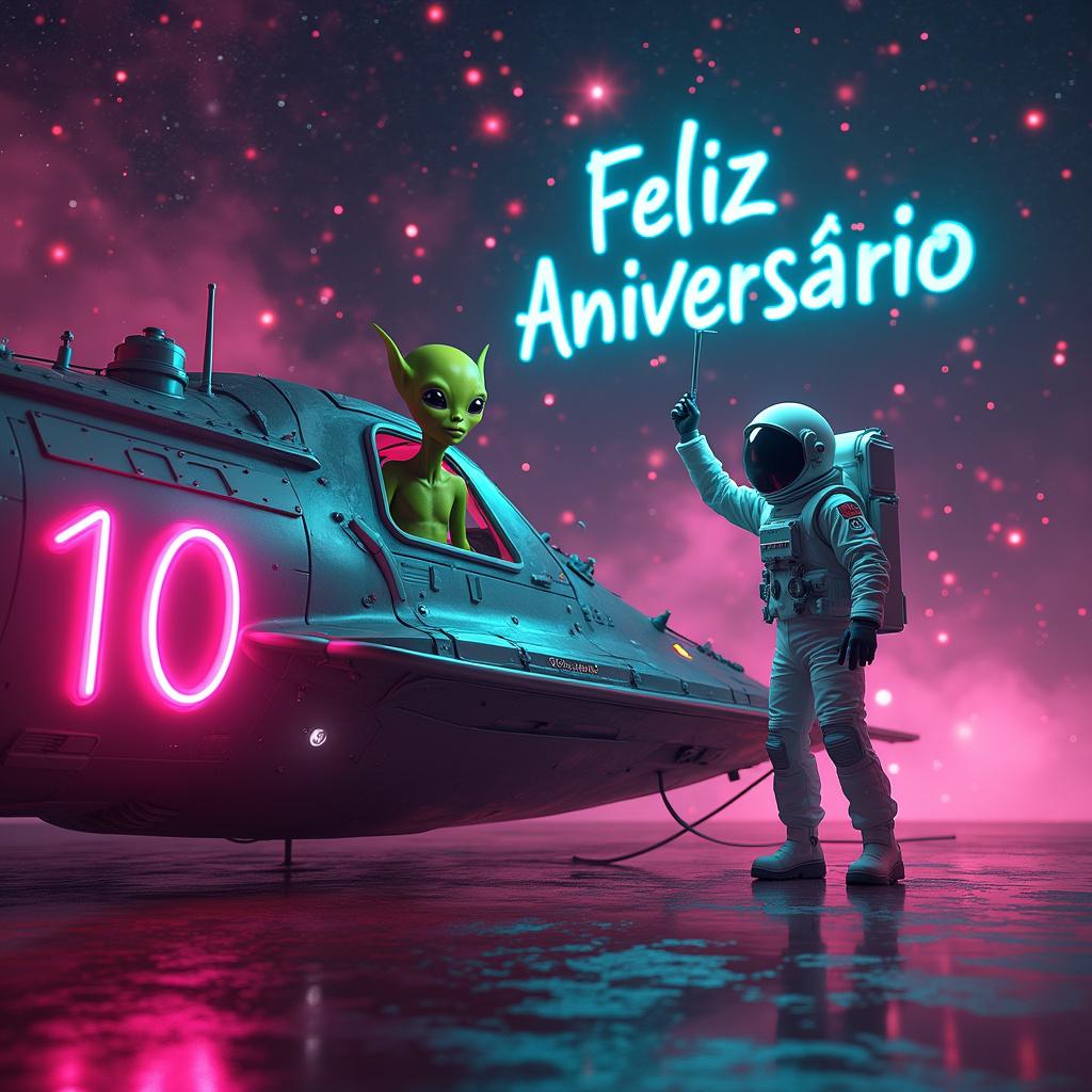 Cenário: Um fundo vibrante de tons rosa neon e azul neon, com nebulosas e estrelas brilhantes espalhadas por todo o espaço. Nave Espacial: Uma nave em tons metálicos com detalhes neon, com o número "10" em destaque na lateral, brilhando em rosa neon. Alienígena: Um alienígena verde e simpático, acenando da cabine da nave. Astronauta: Flutuando no espaço com um traje branco com detalhes em neon, segurando uma faixa que diz "Feliz Aniversário" em letras grandes e futurísticas, brilhando em azul neon. Birthday Card
