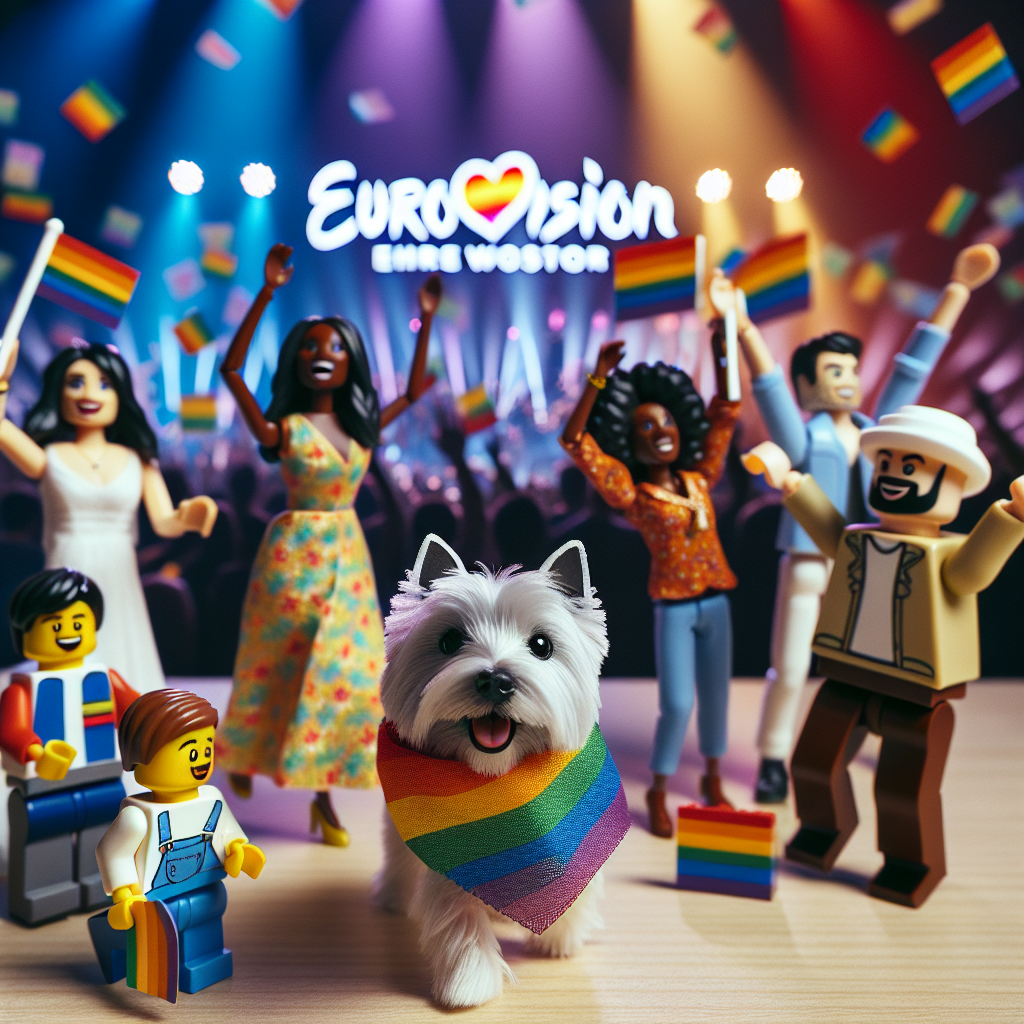 Create a heartwarming scene set against the backdrop of a concert that captures the spirit of Eurovision. Amidst all the festivities is a joyful West Highland Terrier, showcasing its pride with a lightweight scarf colored in the hues of the pride flag. The little dog frolics among decorations made of LEGO, exuding an aura of gay pride. The party guests are a diverse mix of people, including a black woman, a South Asian man, a Middle-Eastern child, and a Caucasian elder, each one cheering and waving miniature flags. Their actions reflect both the exuberance of Eurovision and the inclusive nature of the celebration.
Generated with these themes: Eurovision, Gay, West highland terrier, and Lego.
Made with ❤️ by AI.