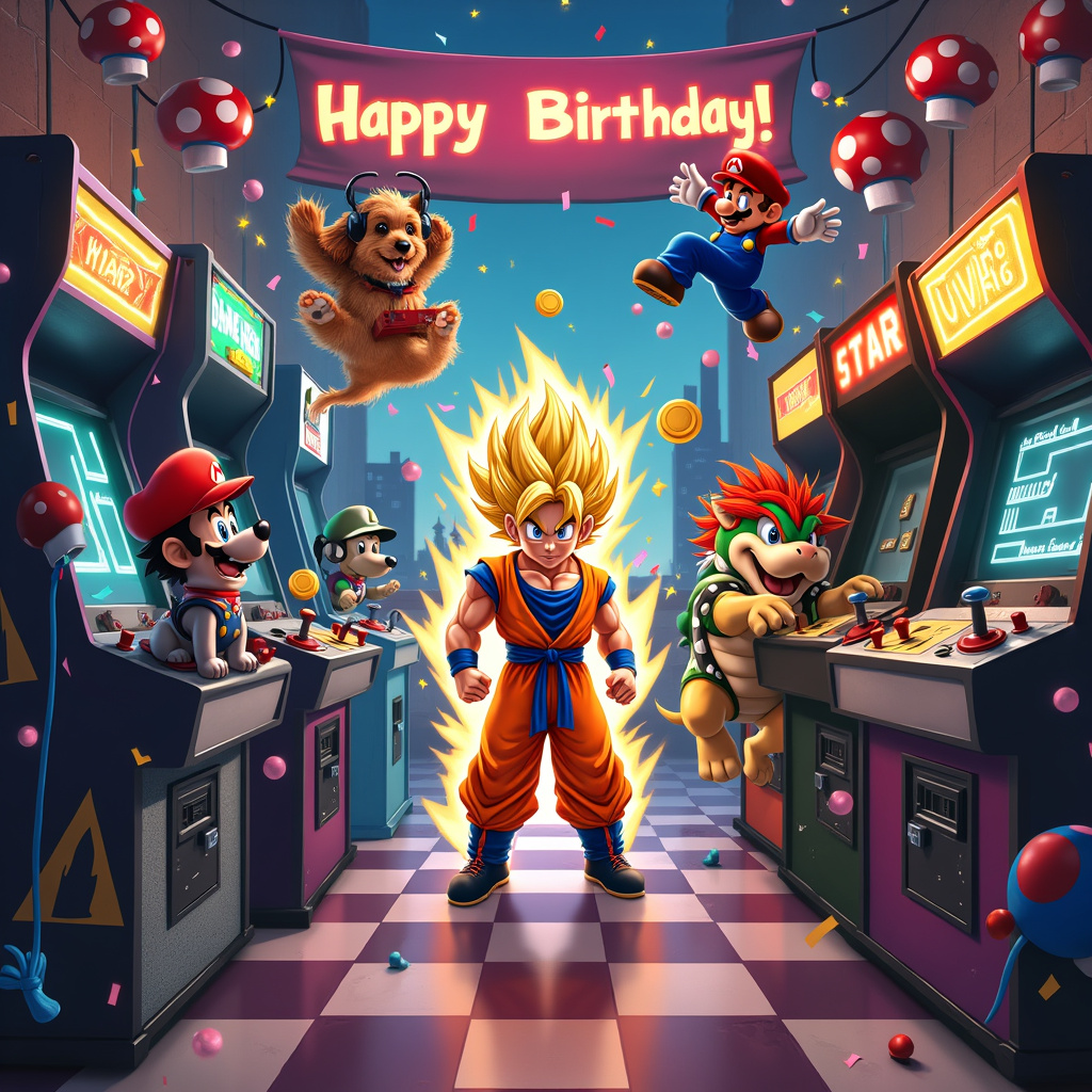 Picture a vibrant, bustling arcade where the action of multiple iconic worlds collides in a frenzy of colors and characters. The floor is a checkerboard pattern reminiscent of classic video game floors, leading our eyes to the various arcade machines that line the walls, their neon lights blinking and screens glowing with retro pixelated graphics. In the center of this energetic setting stands Goku from Dragon Ball, in mid-transformation with his golden hair glowing in Super Saiyan mode, his focused expression framed by a halo of electrifying energy.

To Goku’s right, Mario from Super Mario is leaping into the air, his red hat flying off as he reaches for a floating gold coin. His classic blue overalls and red shirt are slightly rumpled from his adventurous antics. He’s just dodged a fireball launched by Bowser, who stands menacingly near a “Game Over” screen in the background, his spiked shell and flaming breath contrasting against the whimsical arcade setting.

To Goku's left, a trio of dogs are deeply engrossed in their own game. One dog, a Golden Retriever, is wearing a headset and vigorously tapping on a joystick, while a Pug, dressed in a tiny green Luigi costume, jumps excitedly with its paws on a big red button labeled "Start." The third dog, a Dachshund with Goku-style hair, is wagging its tail, holding a controller in its mouth, seemingly contemplating its next move.

Above the arcade machines, a large banner reads “Happy Birthday!” in pixelated letters, with confetti and streamers cascading down around it. The banner is held up by two floating power-up mushrooms from the Mario series, one red and one green, adding a touch of whimsy. In the far corner, Astro Boy is seen observing the chaos with a curious expression, his metallic limbs glinting under the arcade lights, reminiscent of Osamu Tezuka’s classic style.

Throughout the scene, subtle nods to various video game elements are scattered: a stack of Poké Balls on a shelf, a Triforce symbol etched into one of the arcade machines, and a few scattered rings from Sonic the Hedgehog. The overall composition is packed with dynamic action, humor, and nostalgia, blending these beloved universes into one delightful birthday celebration.
Generated with these themes: Dragon Ball, Super Mario, Video games, and Dogs.
Made with ❤️ by AI.