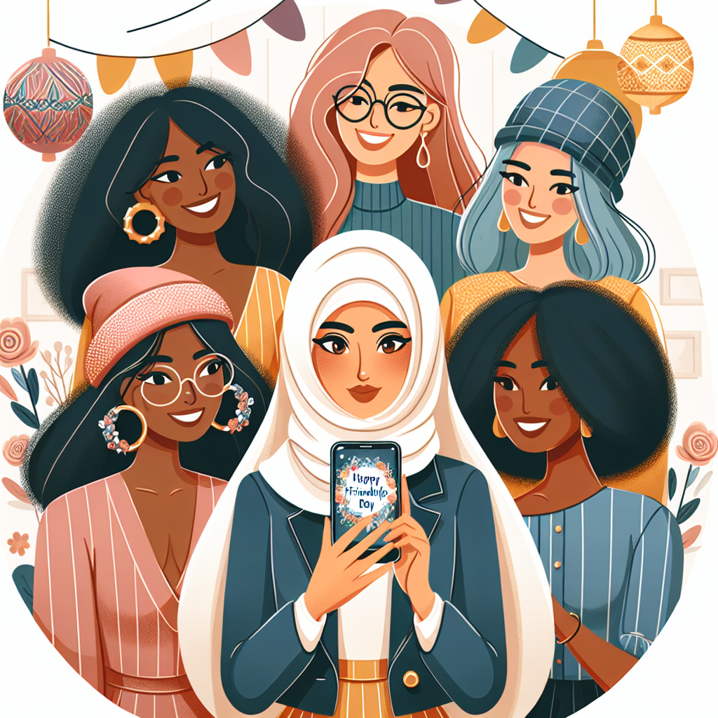 Create a charming illustration of an anniversary scene depicting a modern woman of Middle Eastern descent, surrounded by her friends of various descents, including Caucasian, Hispanic, Black, and South Asian. Each friend is distinct with a unique style that represents contemporary fashion trends. They are together in a cozy, celebratory room, adorned with subtle decorations. The woman in the center holds a trendy digital device, perhaps a smartphone. The device's screen displays the highlighted message 'Happy Friendship Day to u all,' symbolizing that she is sharing the celebration virtually with her extended circle of friends.
Generated with these themes: A modern lady wish all  her  girl / boy friends ,Happy friendship day to u all.
Made with ❤️ by AI.